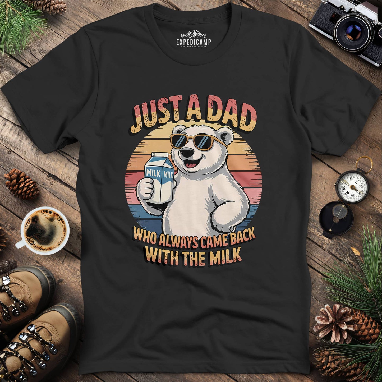 Just A Dad Polar Bear With The Milk T-Shirt – Black – Outdoor apparel for travel, hiking, camping, and nature lovers – ExpediCamp