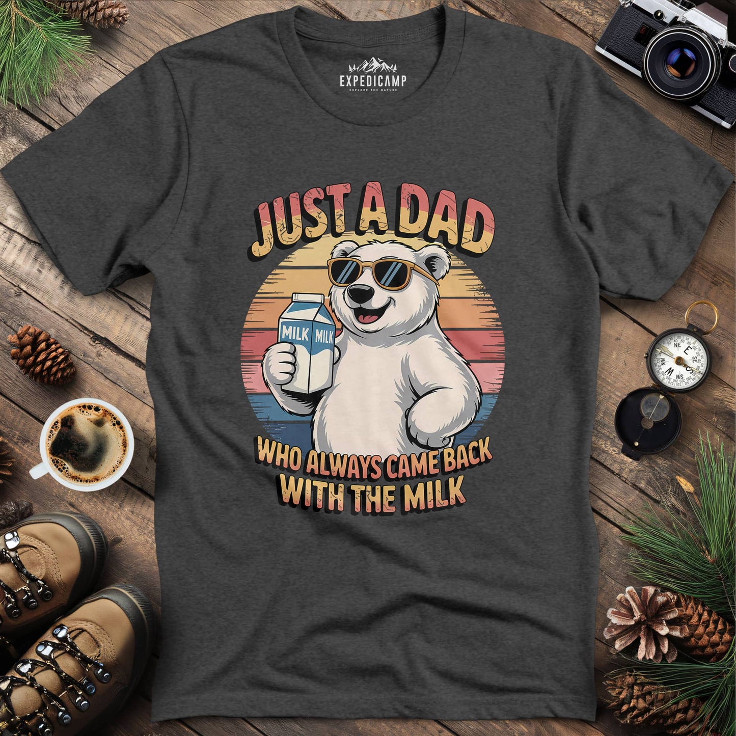 Just A Dad Polar Bear With The Milk T-Shirt – Dark Heather – Outdoor apparel for travel, hiking, camping, and nature lovers – ExpediCamp