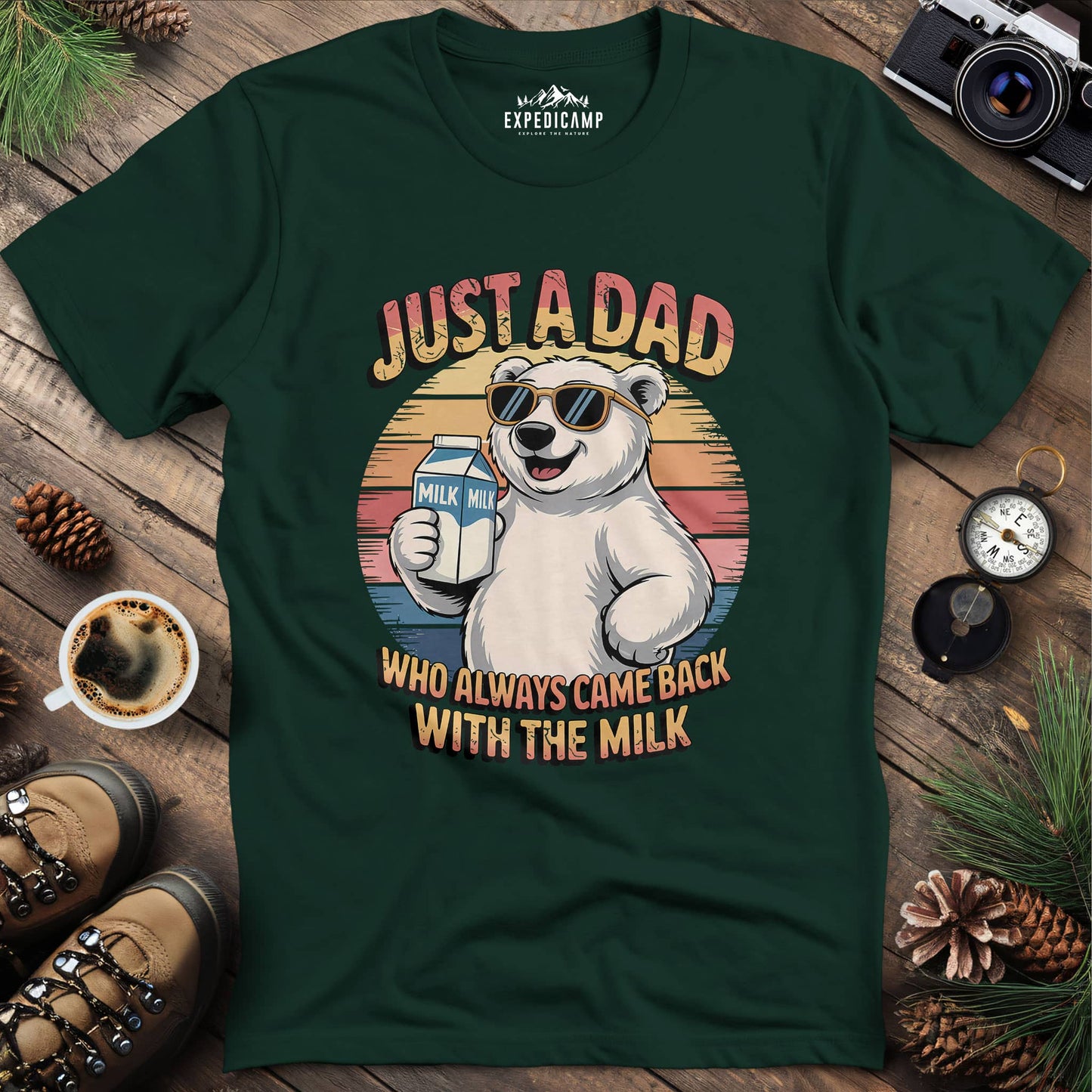 Just A Dad Polar Bear With The Milk T-Shirt – Forest Green – Outdoor apparel for travel, hiking, camping, and nature lovers – ExpediCamp