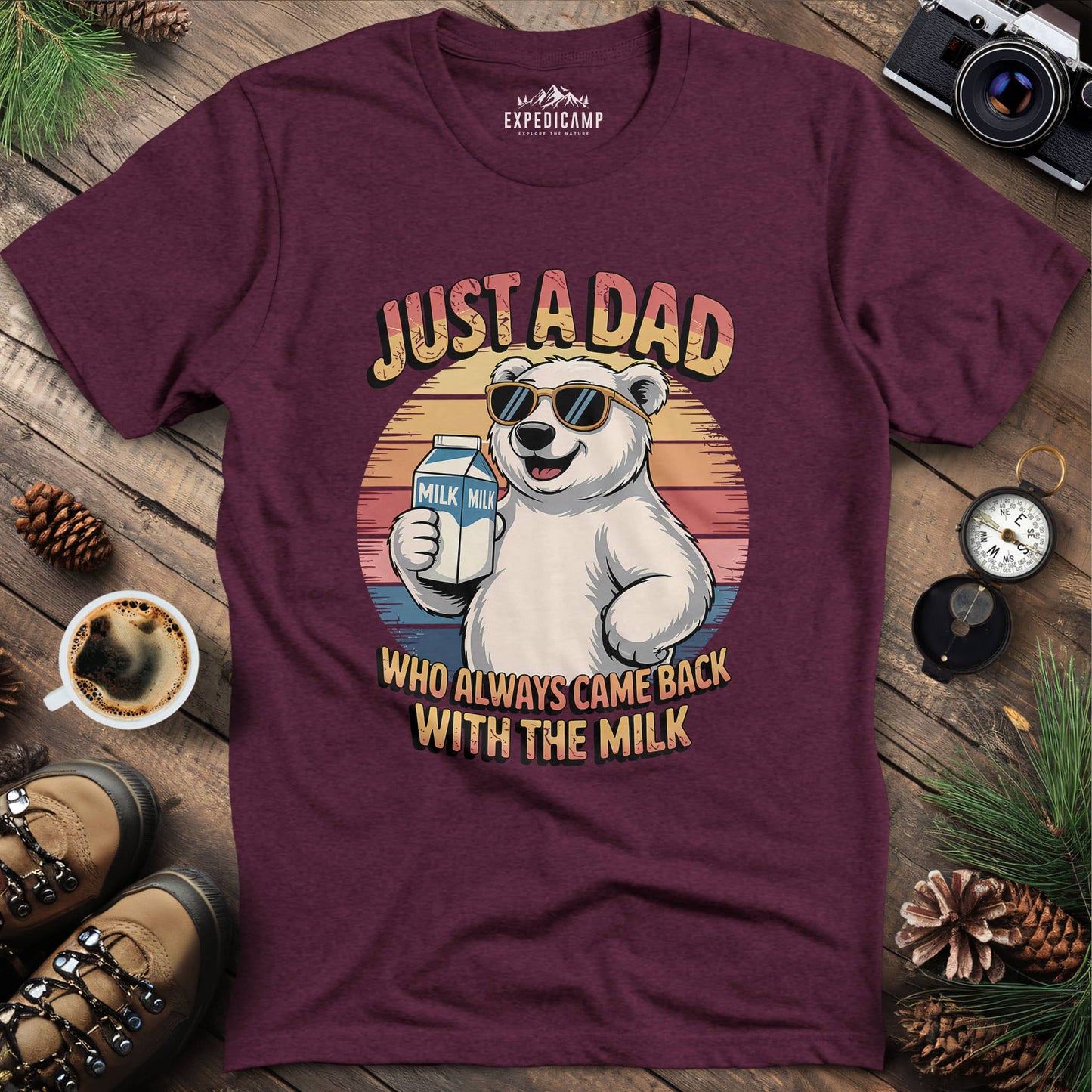 Just A Dad Polar Bear With The Milk T-Shirt – Heather Maroon – Outdoor apparel for travel, hiking, camping, and nature lovers – ExpediCamp