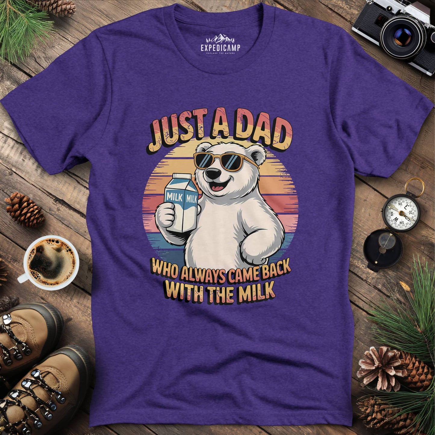 Just A Dad Polar Bear With The Milk T-Shirt – Heather Purple – Outdoor apparel for travel, hiking, camping, and nature lovers – ExpediCamp