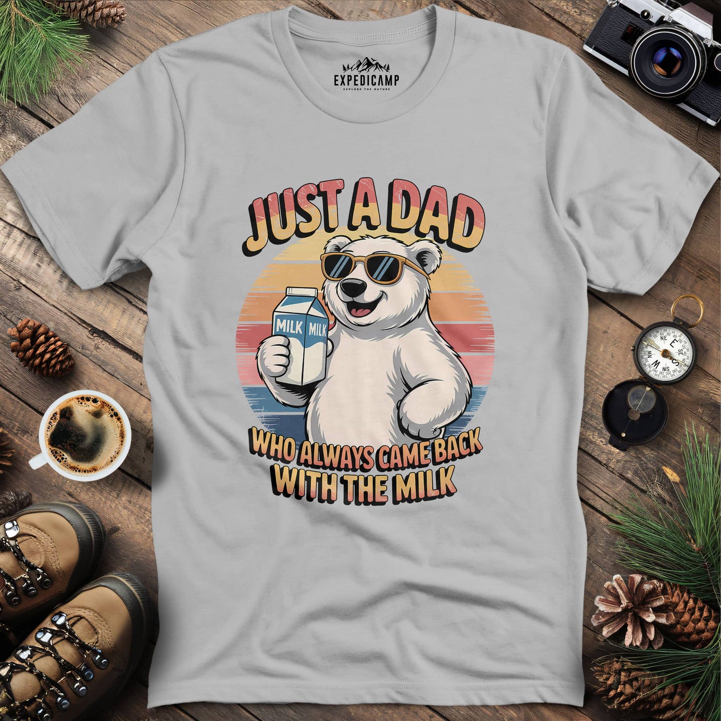 Just A Dad Polar Bear With The Milk T-Shirt – Ice Grey – Outdoor apparel for travel, hiking, camping, and nature lovers – ExpediCamp