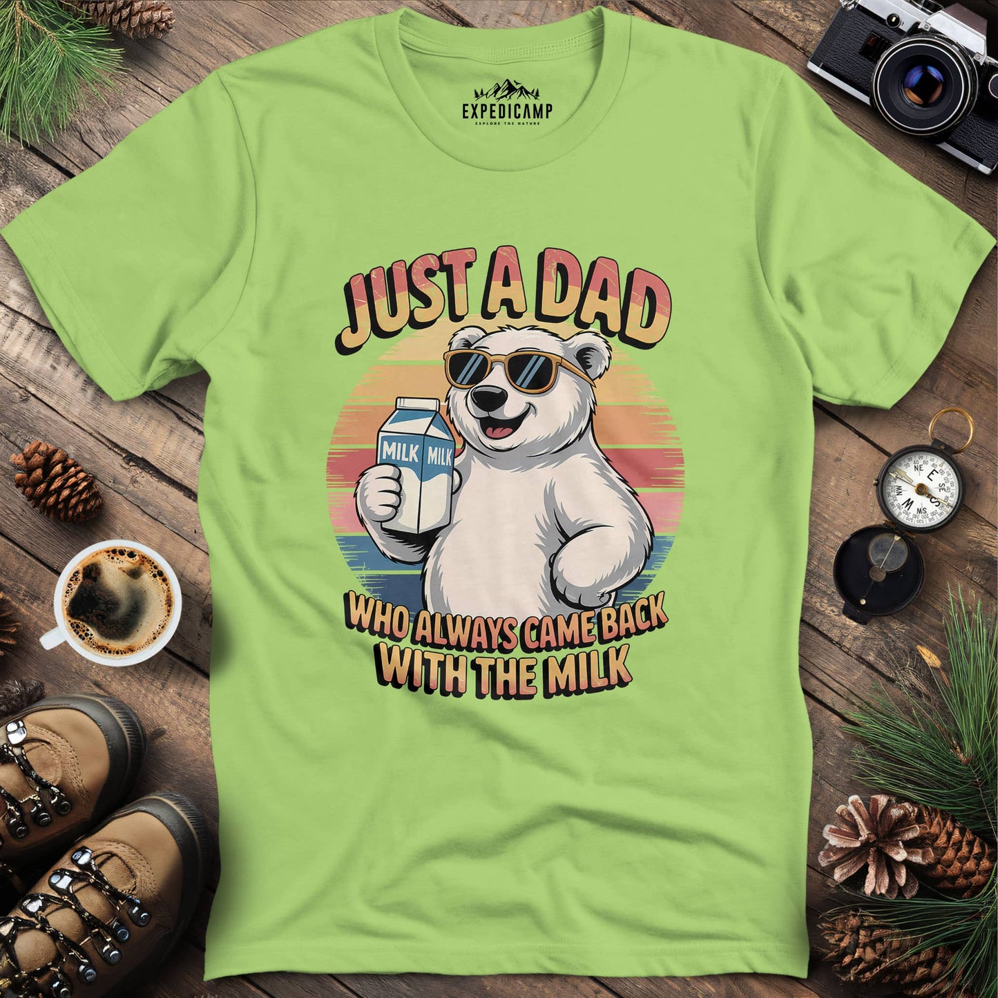 Just A Dad Polar Bear With The Milk T-Shirt – Kiwi – Outdoor apparel for travel, hiking, camping, and nature lovers – ExpediCamp
