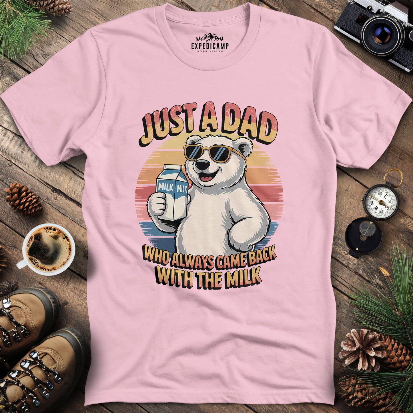 Just A Dad Polar Bear With The Milk T-Shirt – Light Pink – Outdoor apparel for travel, hiking, camping, and nature lovers – ExpediCamp