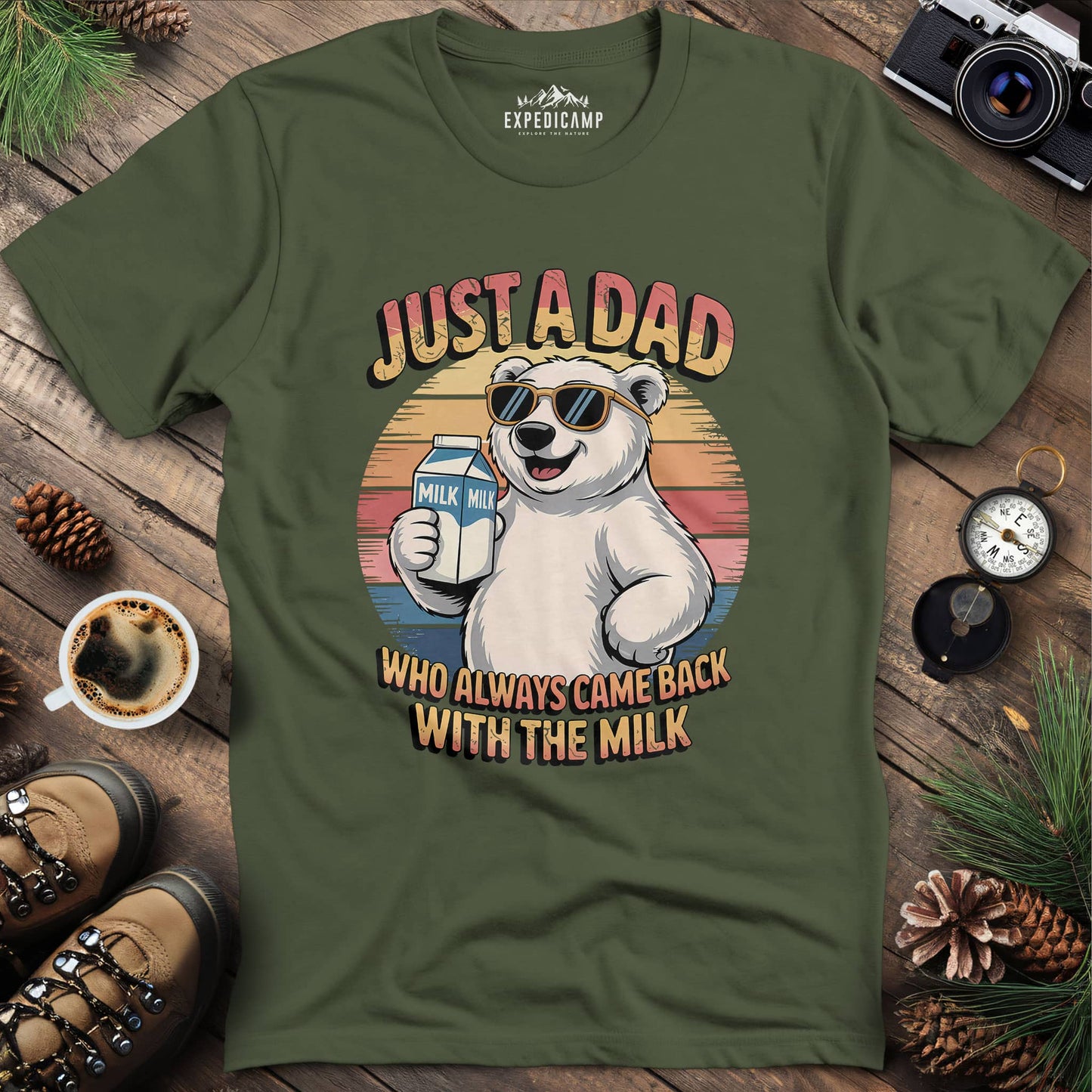 Just A Dad Polar Bear With The Milk T-Shirt – Military Green – Outdoor apparel for travel, hiking, camping, and nature lovers – ExpediCamp