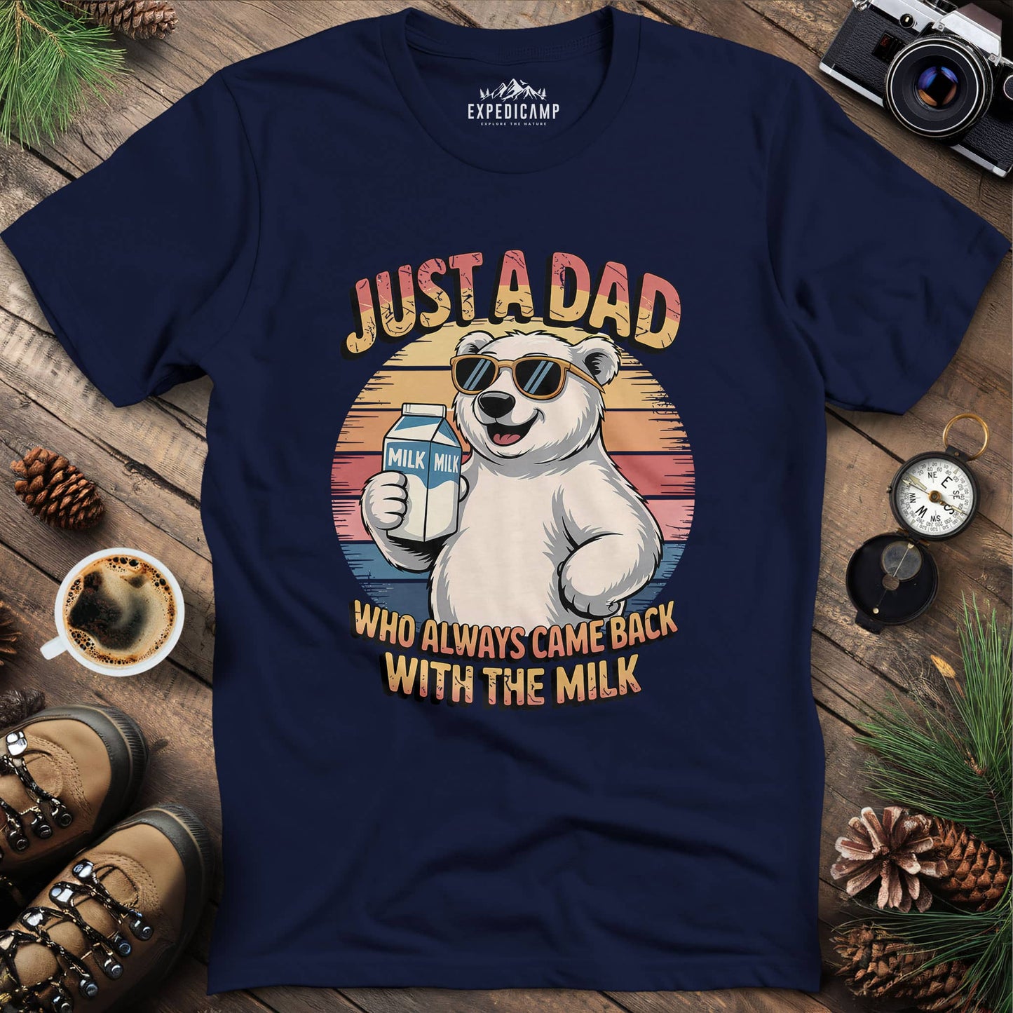 Just A Dad Polar Bear With The Milk T-Shirt – Navy – Outdoor apparel for travel, hiking, camping, and nature lovers – ExpediCamp