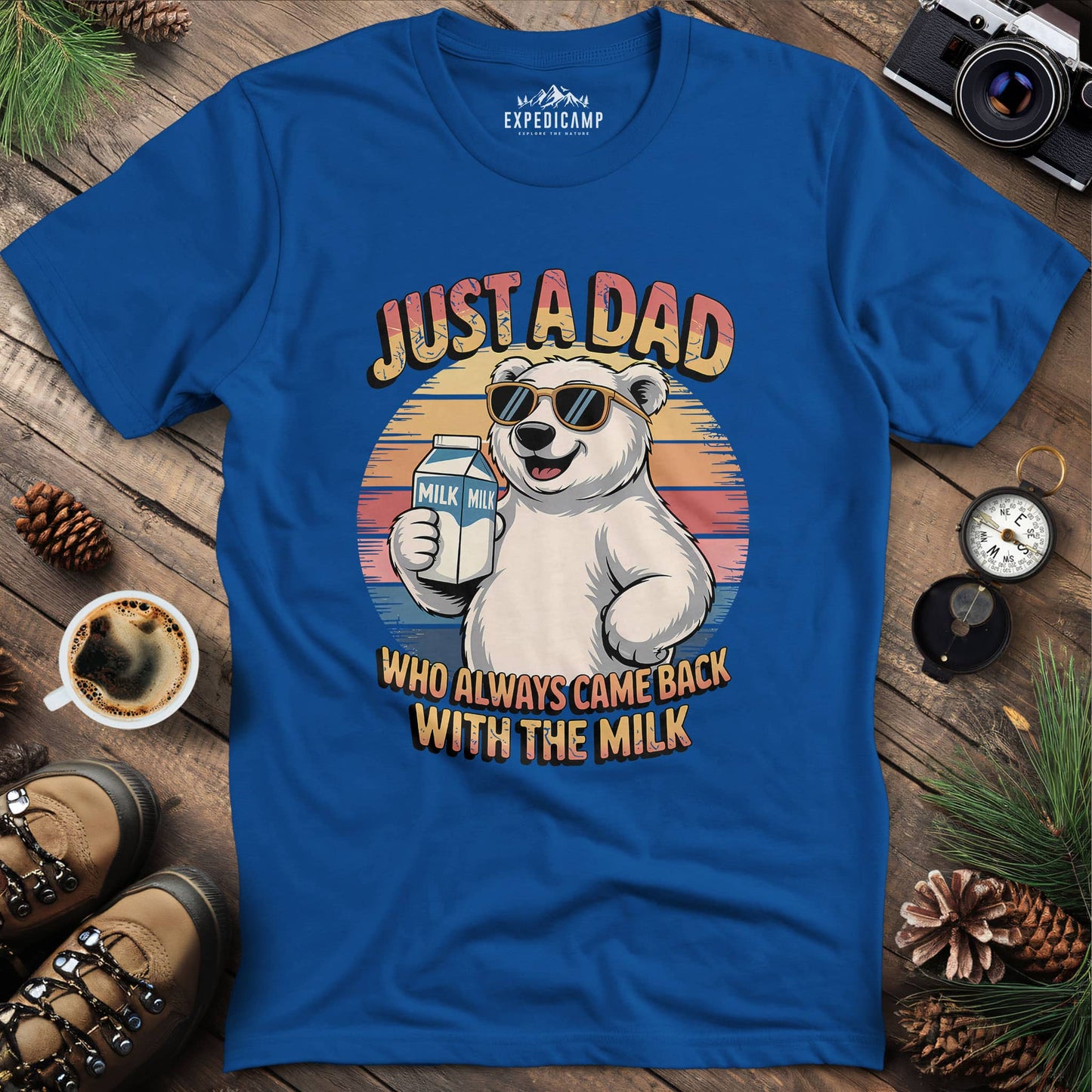 Just A Dad Polar Bear With The Milk T-Shirt – Royal – Outdoor apparel for travel, hiking, camping, and nature lovers – ExpediCamp