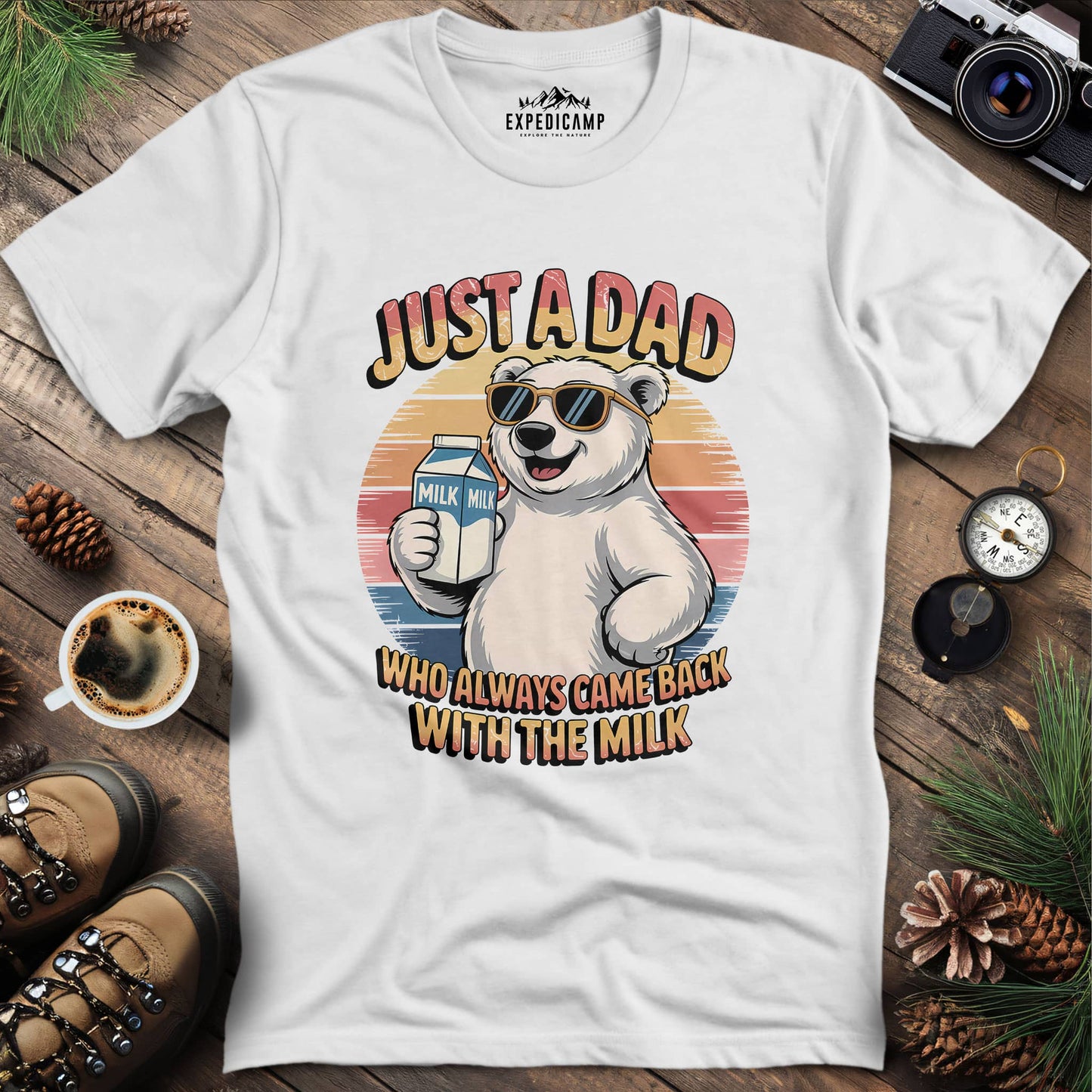 Just A Dad Polar Bear With The Milk T-Shirt – White – Outdoor apparel for travel, hiking, camping, and nature lovers – ExpediCamp