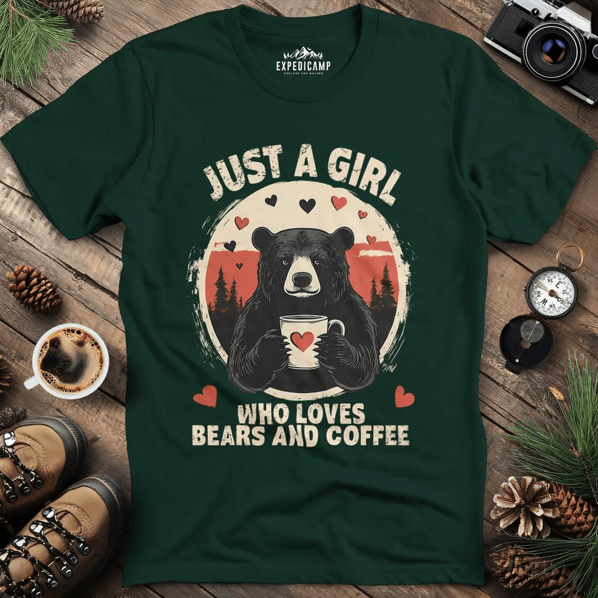 Just a Girl Who Loves Bears and Coffee T-Shirt – Forest Green – Outdoor apparel for travel, hiking, camping, and nature lovers – ExpediCamp