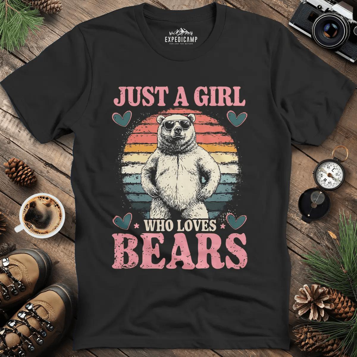 Just a Girl Who Loves Bears T-Shirt – Black – Outdoor apparel for travel, hiking, camping, and nature lovers – ExpediCamp