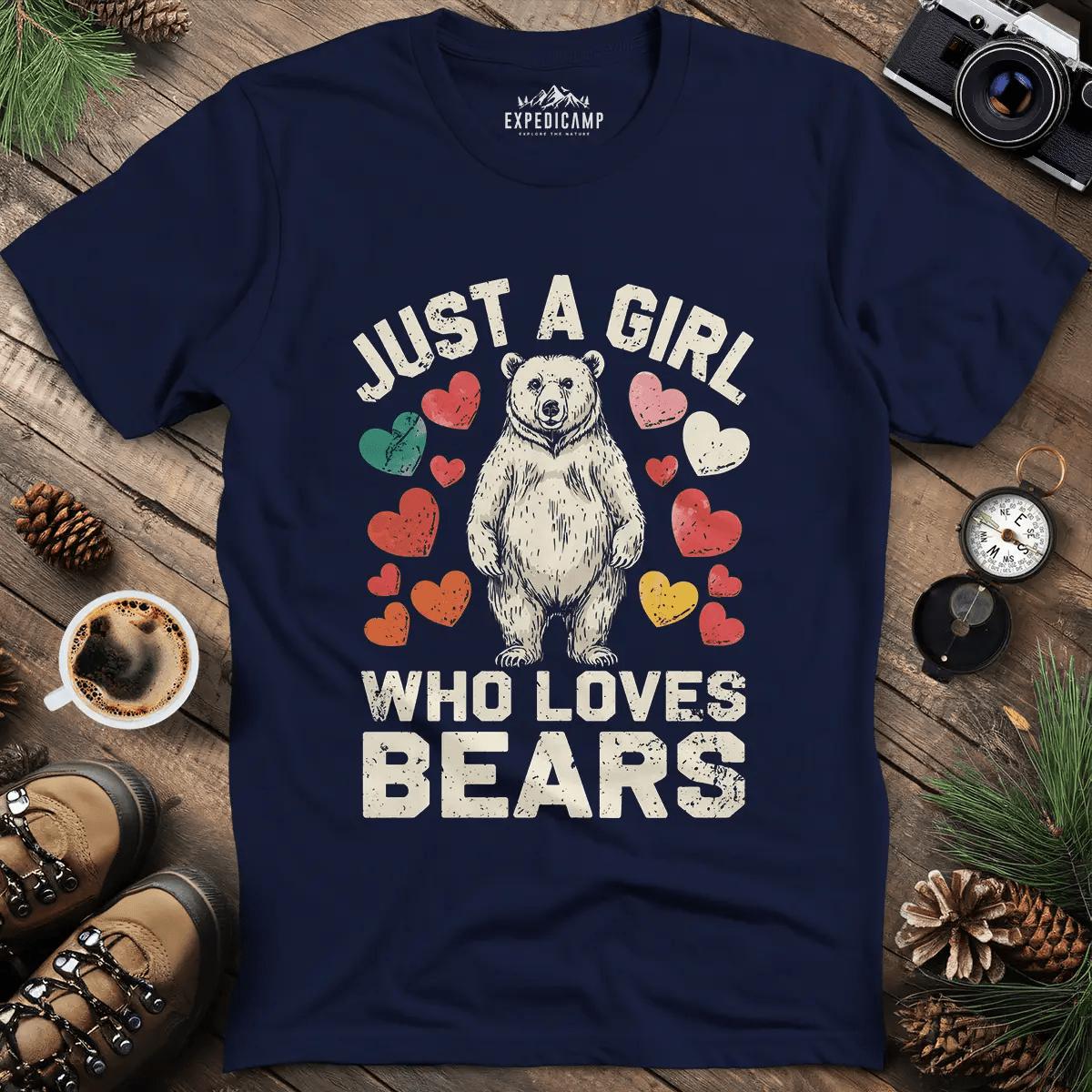 Just a Girl Who Loves Bears T-Shirt – Navy – Outdoor apparel for travel, hiking, camping, and nature lovers – ExpediCamp