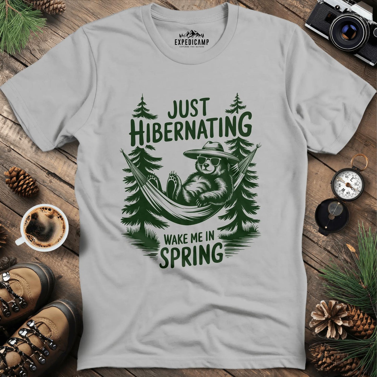 Just Hibernating T-Shirt – Ice Grey – Outdoor apparel for travel, hiking, camping, and nature lovers – ExpediCamp