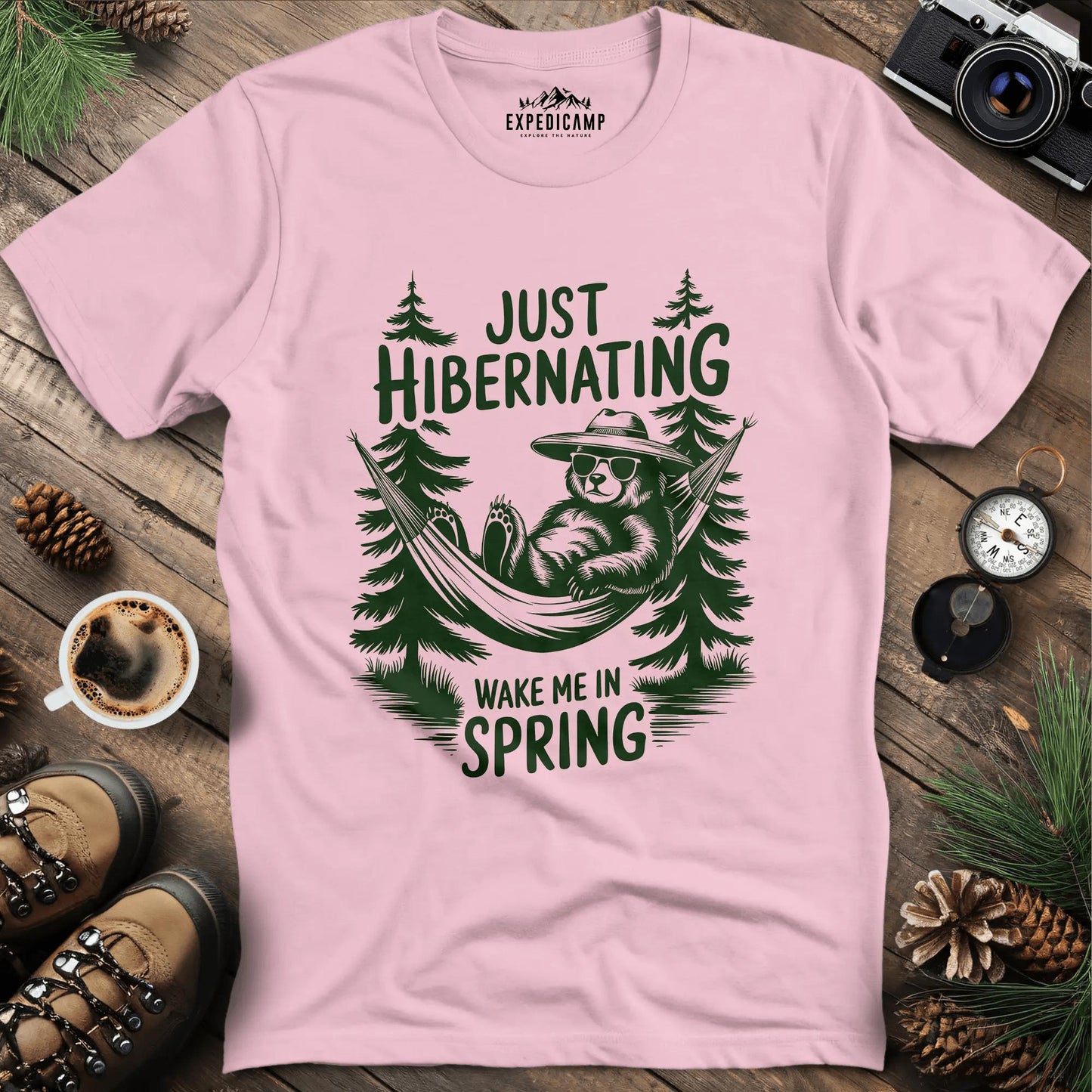 Just Hibernating T-Shirt – Light Pink – Outdoor apparel for travel, hiking, camping, and nature lovers – ExpediCamp