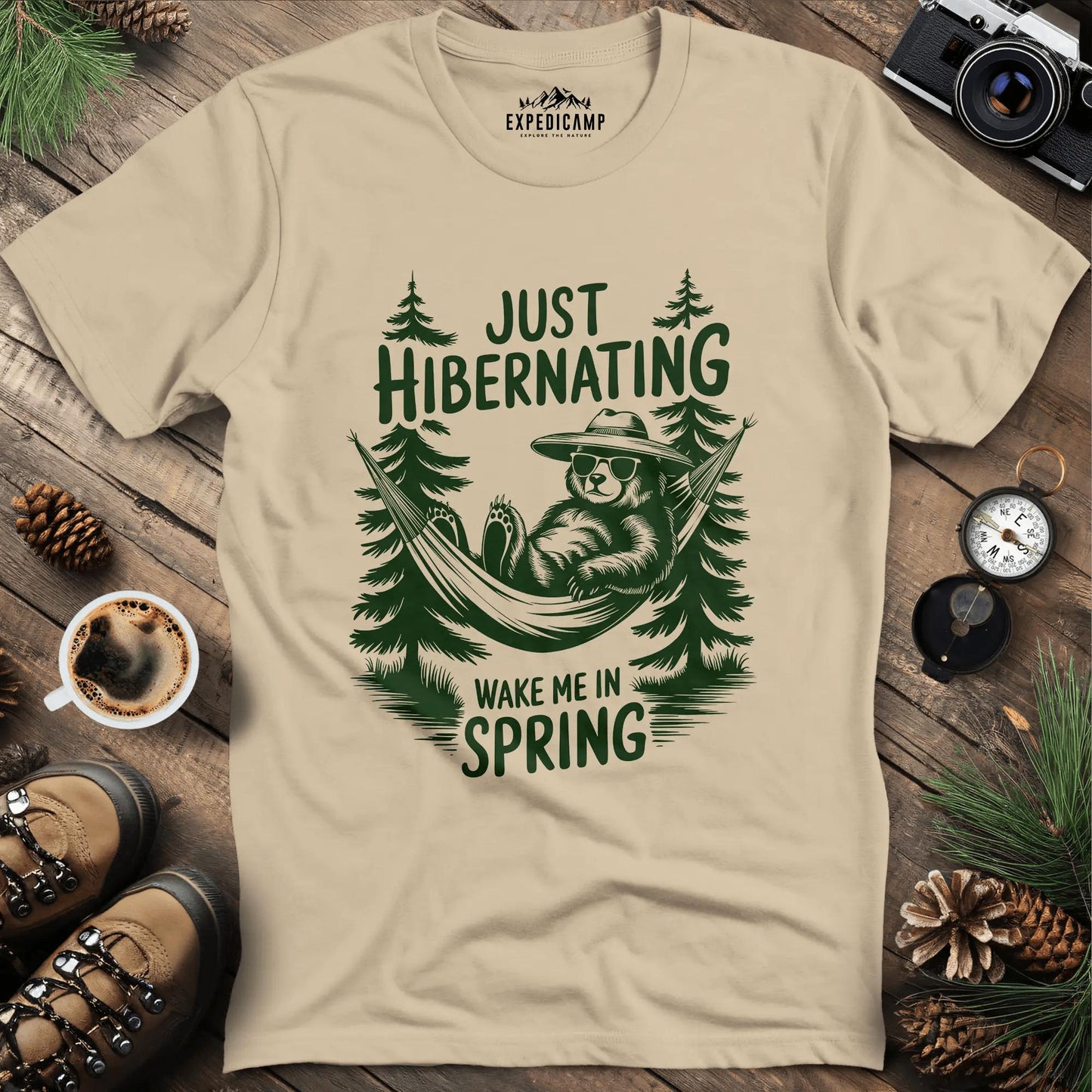 Just Hibernating T-Shirt – Sand – Outdoor apparel for travel, hiking, camping, and nature lovers – ExpediCamp