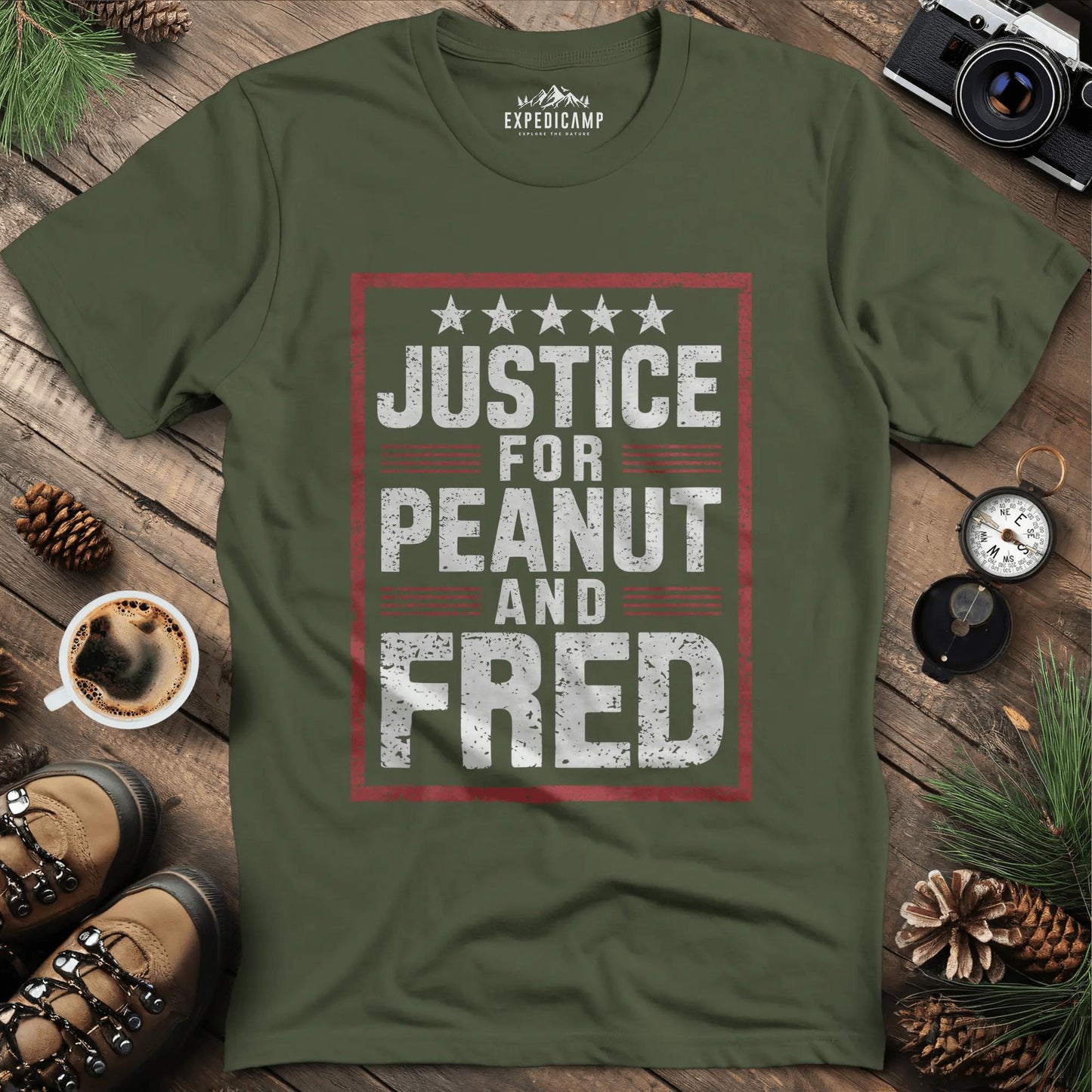 Justice for Peanut and Fred T-Shirt - Animal Heroes Memorial – Military Green – Outdoor apparel for travel, hiking, camping, and nature lovers – ExpediCamp