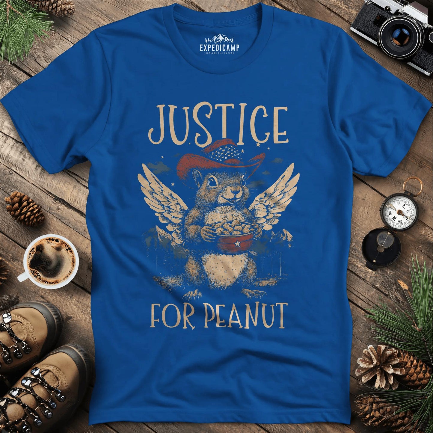 Justice for Peanut T-Shirt - Stand for the Squirrel Hero – Royal – Outdoor apparel for travel, hiking, camping, and nature lovers – ExpediCamp