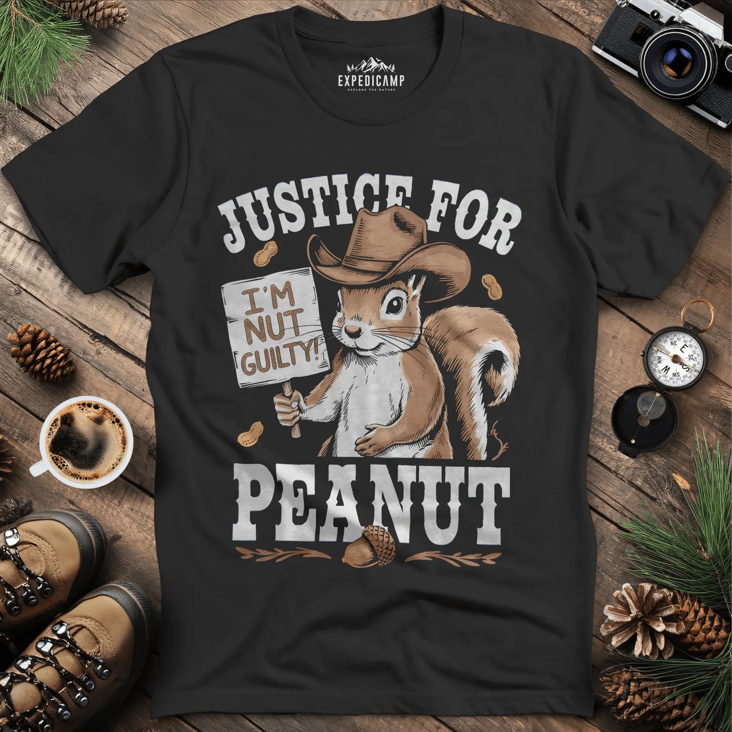 Justice for Peanut T-Shirt – Support Animal Rights – Black – Outdoor apparel for travel, hiking, camping, and nature lovers – ExpediCamp
