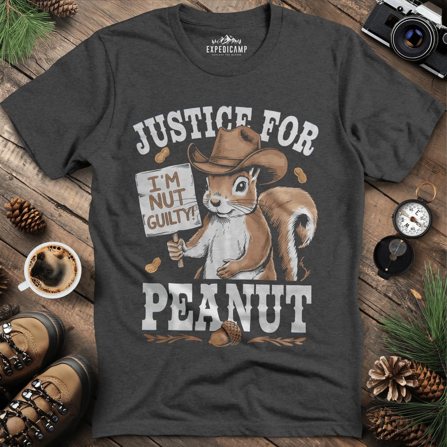 Justice for Peanut T-Shirt – Support Animal Rights – Dark Heather – Outdoor apparel for travel, hiking, camping, and nature lovers – ExpediCamp