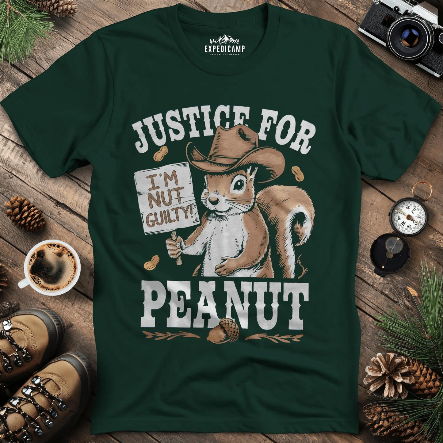 Justice for Peanut T-Shirt – Support Animal Rights – Forest Green – Outdoor apparel for travel, hiking, camping, and nature lovers – ExpediCamp