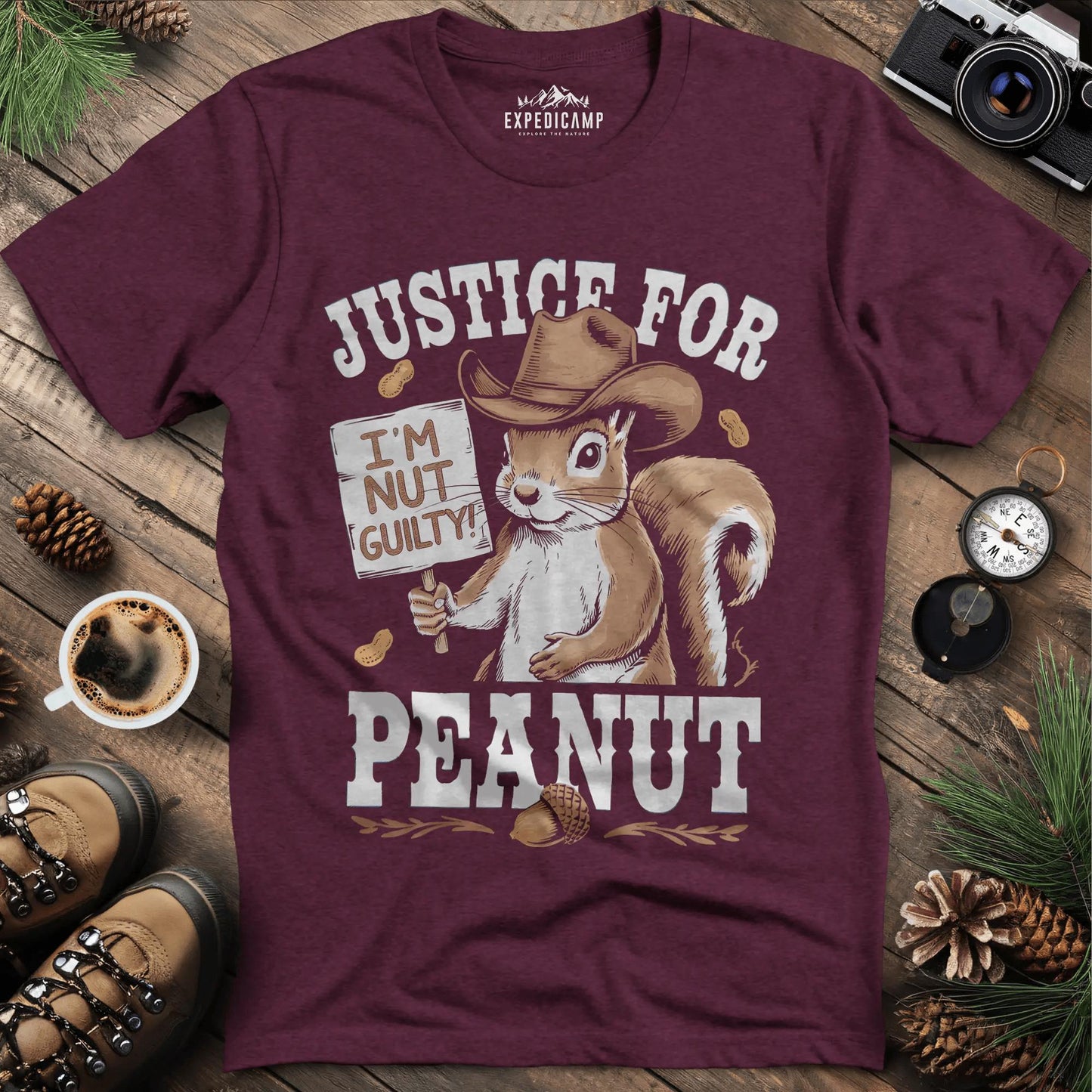 Justice for Peanut T-Shirt – Support Animal Rights – Heather Maroon – Outdoor apparel for travel, hiking, camping, and nature lovers – ExpediCamp