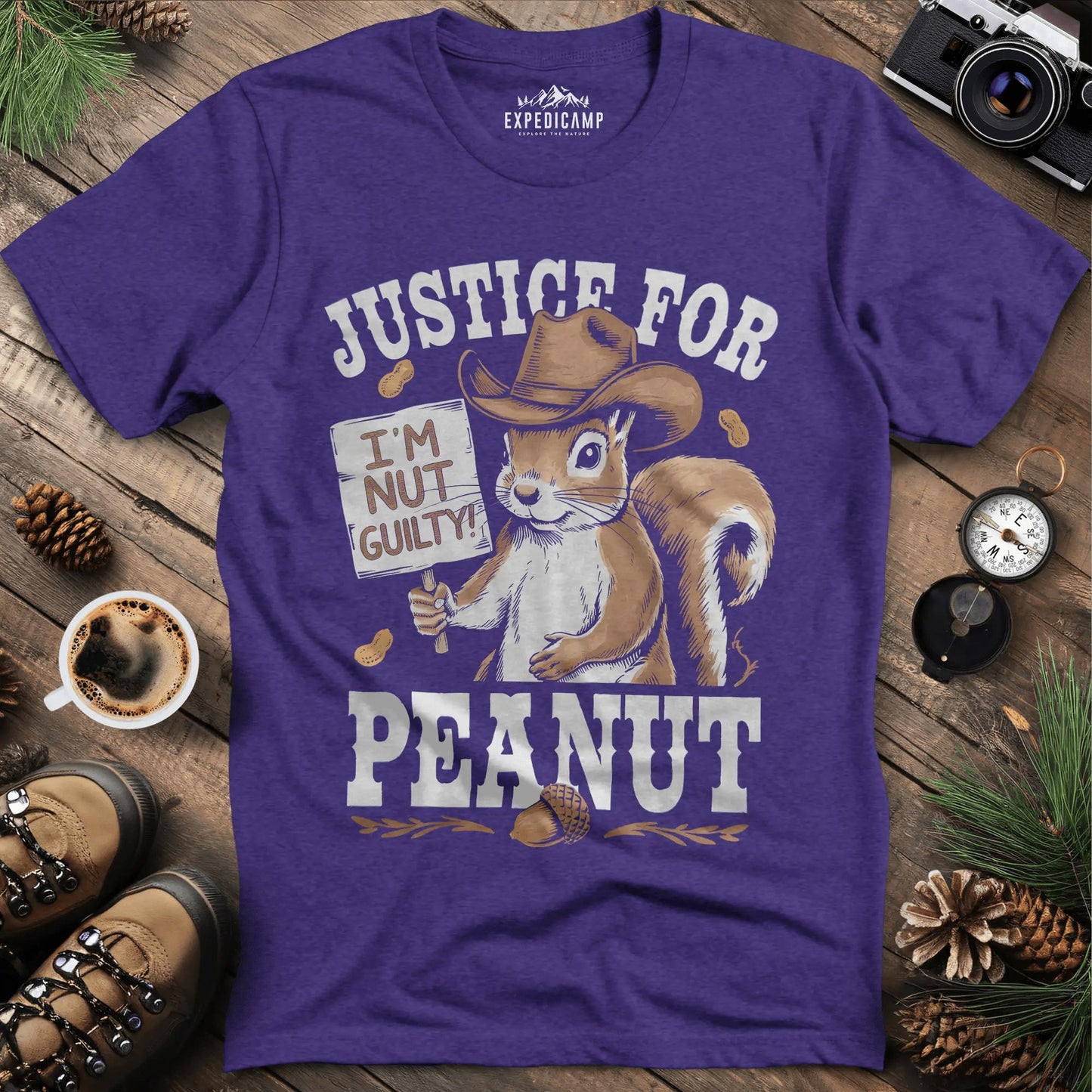 Justice for Peanut T-Shirt – Support Animal Rights – Heather Purple – Outdoor apparel for travel, hiking, camping, and nature lovers – ExpediCamp