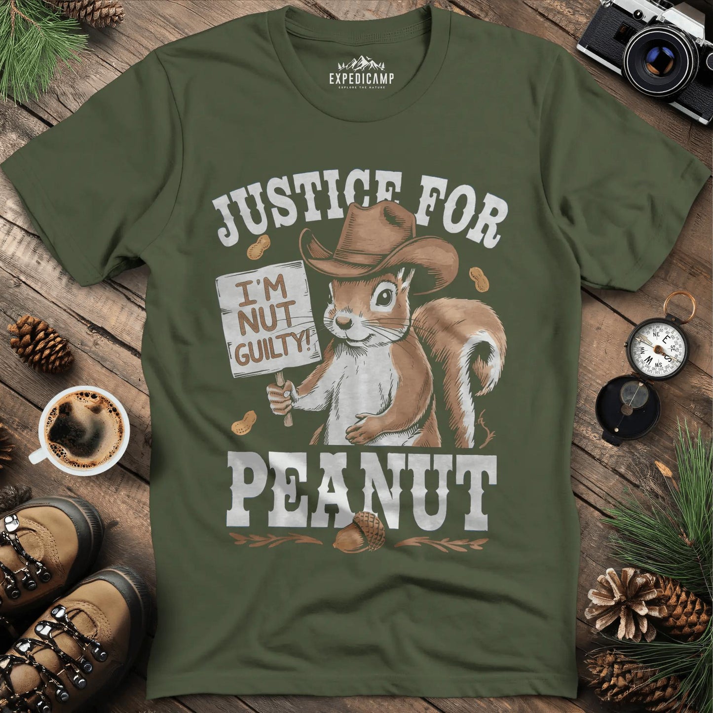 Justice for Peanut T-Shirt – Support Animal Rights – Military Green – Outdoor apparel for travel, hiking, camping, and nature lovers – ExpediCamp