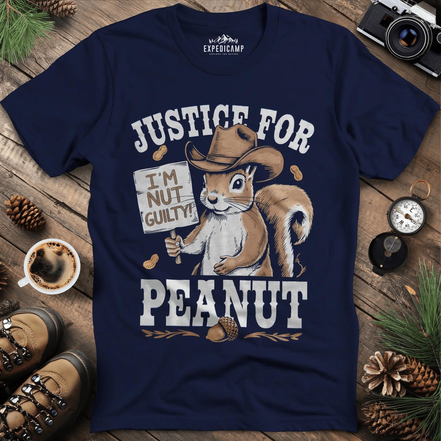 Justice for Peanut T-Shirt – Support Animal Rights – Navy – Outdoor apparel for travel, hiking, camping, and nature lovers – ExpediCamp