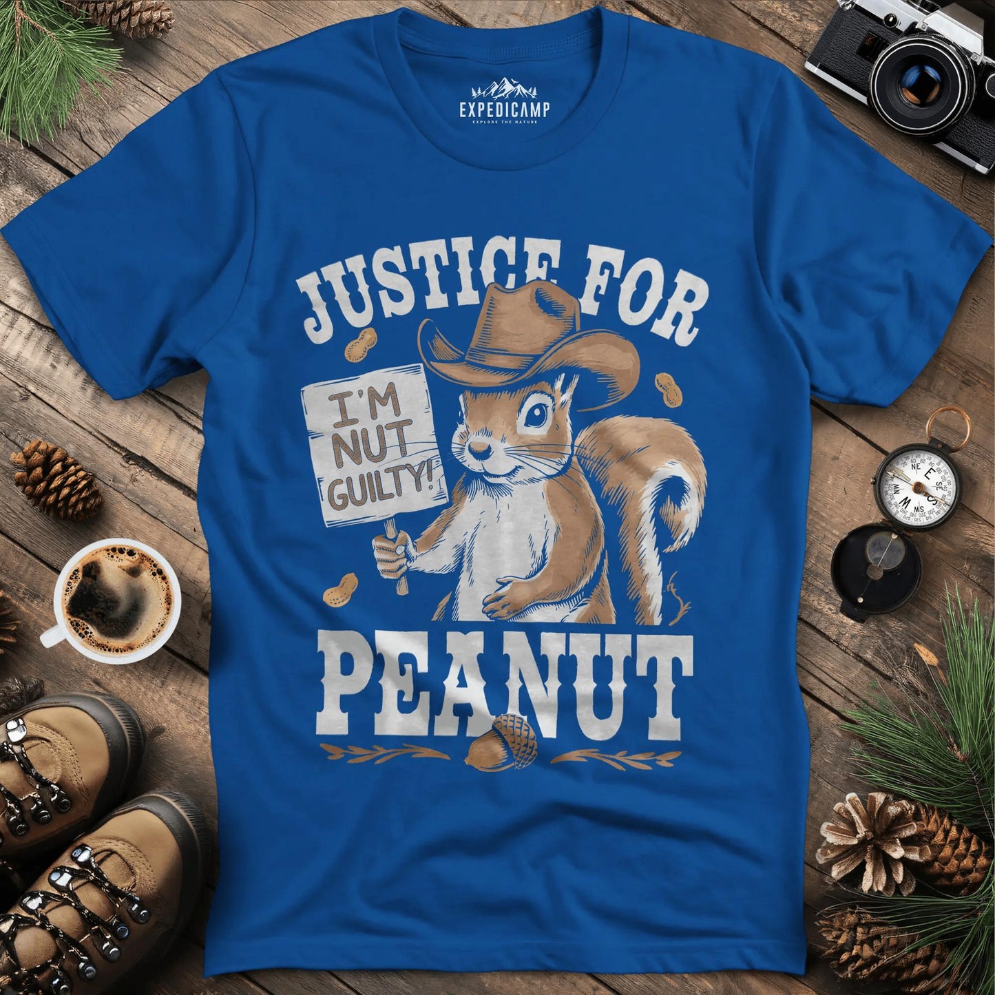 Justice for Peanut T-Shirt – Support Animal Rights – Royal – Outdoor apparel for travel, hiking, camping, and nature lovers – ExpediCamp