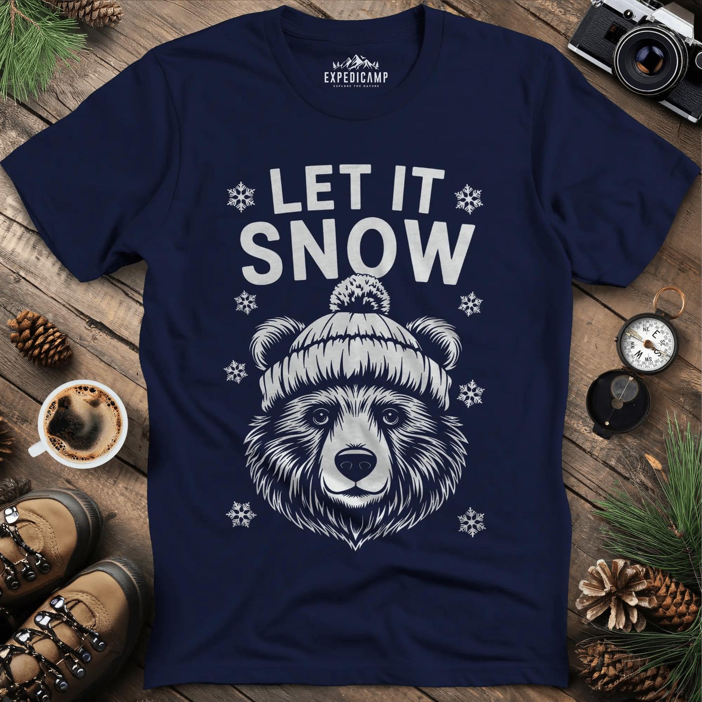 Let It Snow Bear T-Shirt - Cozy Winter – Navy – Outdoor apparel for travel, hiking, camping, and nature lovers – ExpediCamp