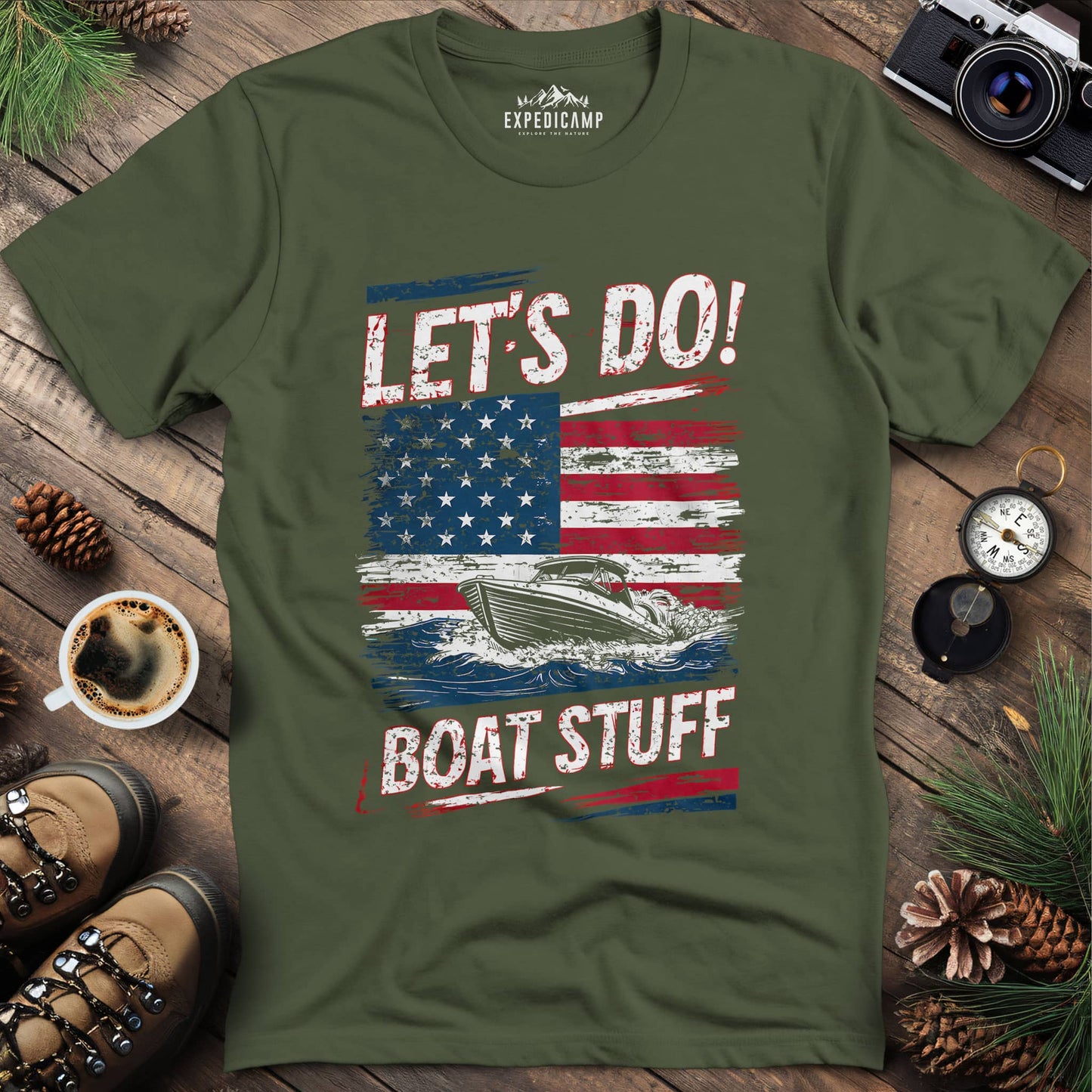 Let’s Do Boat Stuff with American Flag and Speedboat T-Shirt – Military Green – Outdoor apparel for travel, hiking, camping, and nature lovers – ExpediCamp