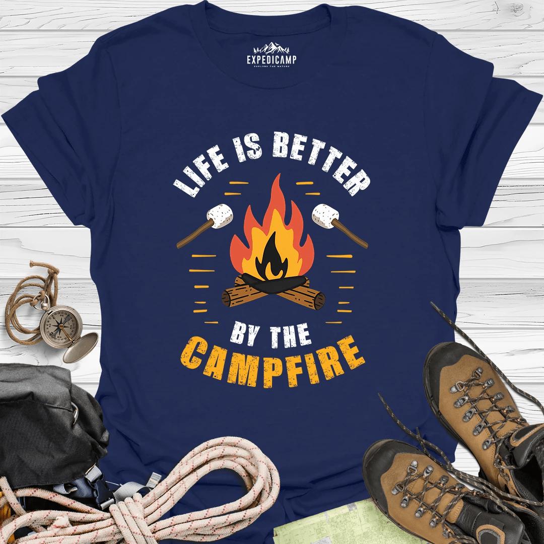 Life Is Better By The Campfire T-Shirt – Navy – Outdoor apparel for travel, hiking, camping, and nature lovers – ExpediCamp