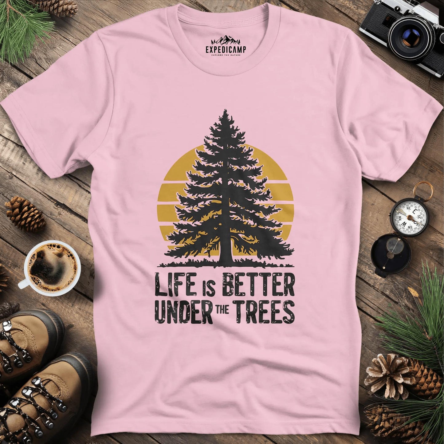 Life is Better Under the Trees T-Shirt – Light Pink – Outdoor apparel for travel, hiking, camping, and nature lovers – ExpediCamp