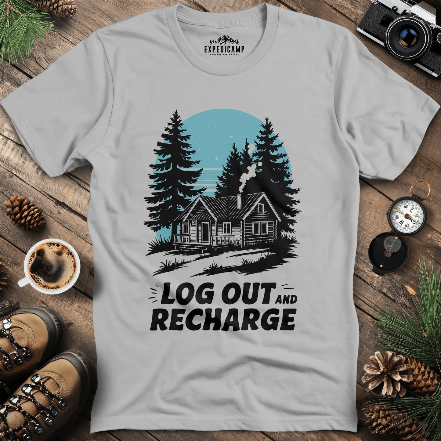 Log Out and Recharge Cabin T-Shirt – Ice Grey – Outdoor apparel for travel, hiking, camping, and nature lovers – ExpediCamp