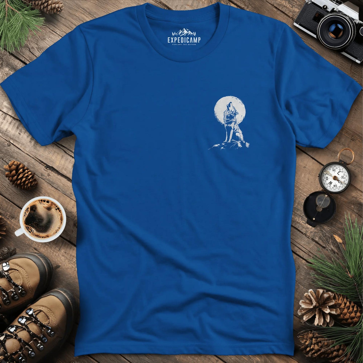 Lone Wolf Full Moon T-Shirt – Royal – Outdoor apparel for travel, hiking, camping, and nature lovers – ExpediCamp