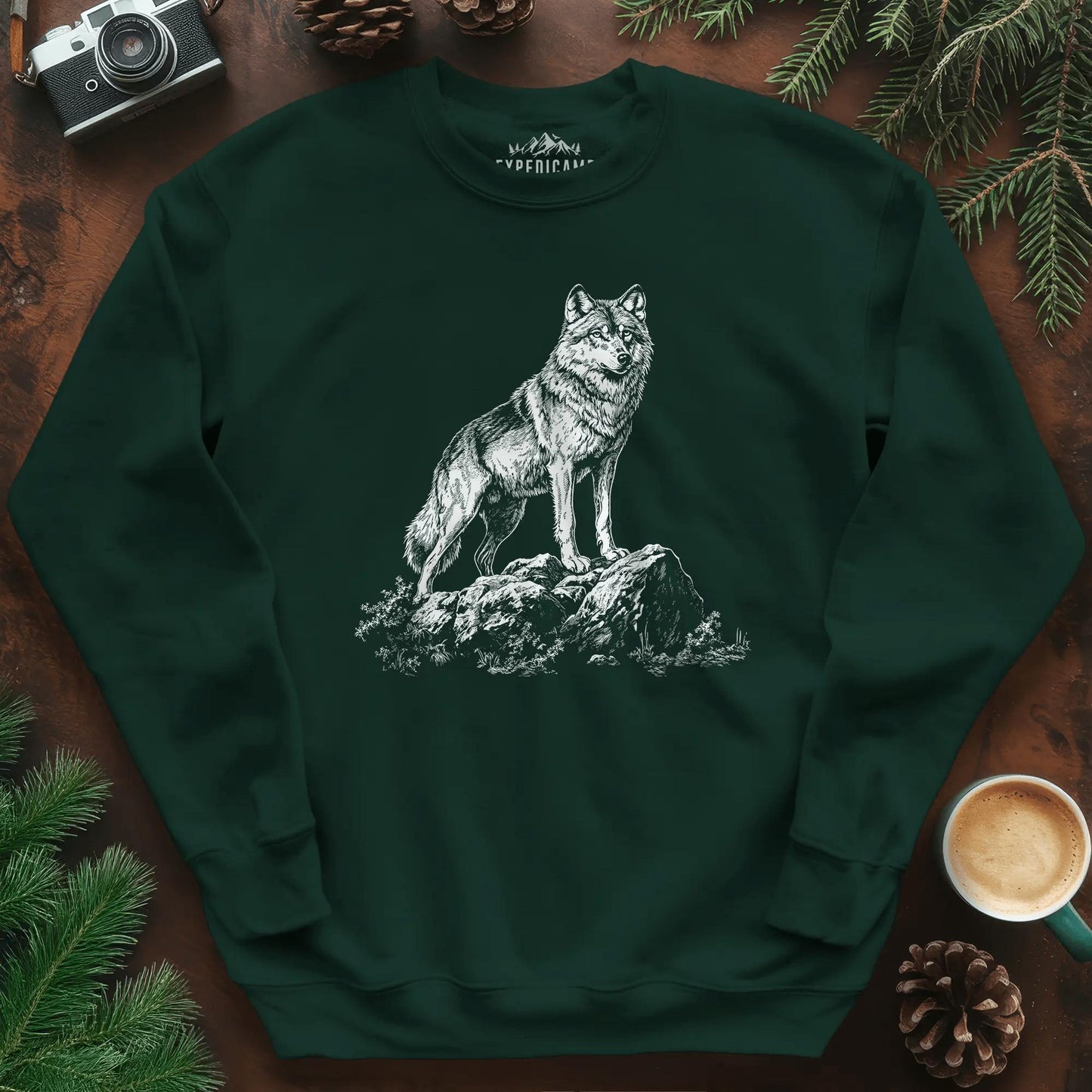 Lone Wolf Sweatshirt – Forest Green – Outdoor apparel for travel, hiking, camping, and nature lovers – ExpediCamp