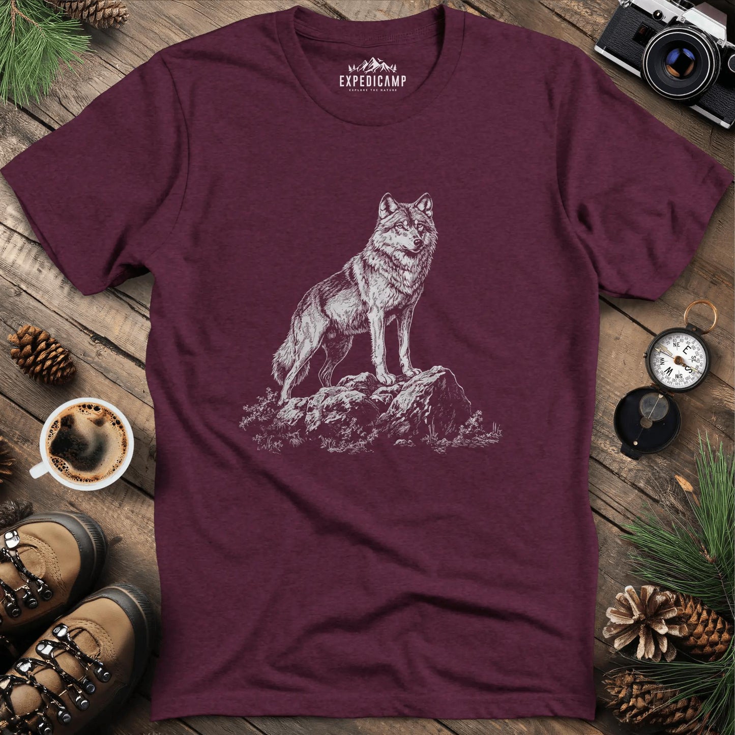 Lone Wolf T-Shirt – Heather Maroon – Outdoor apparel for travel, hiking, camping, and nature lovers – ExpediCamp