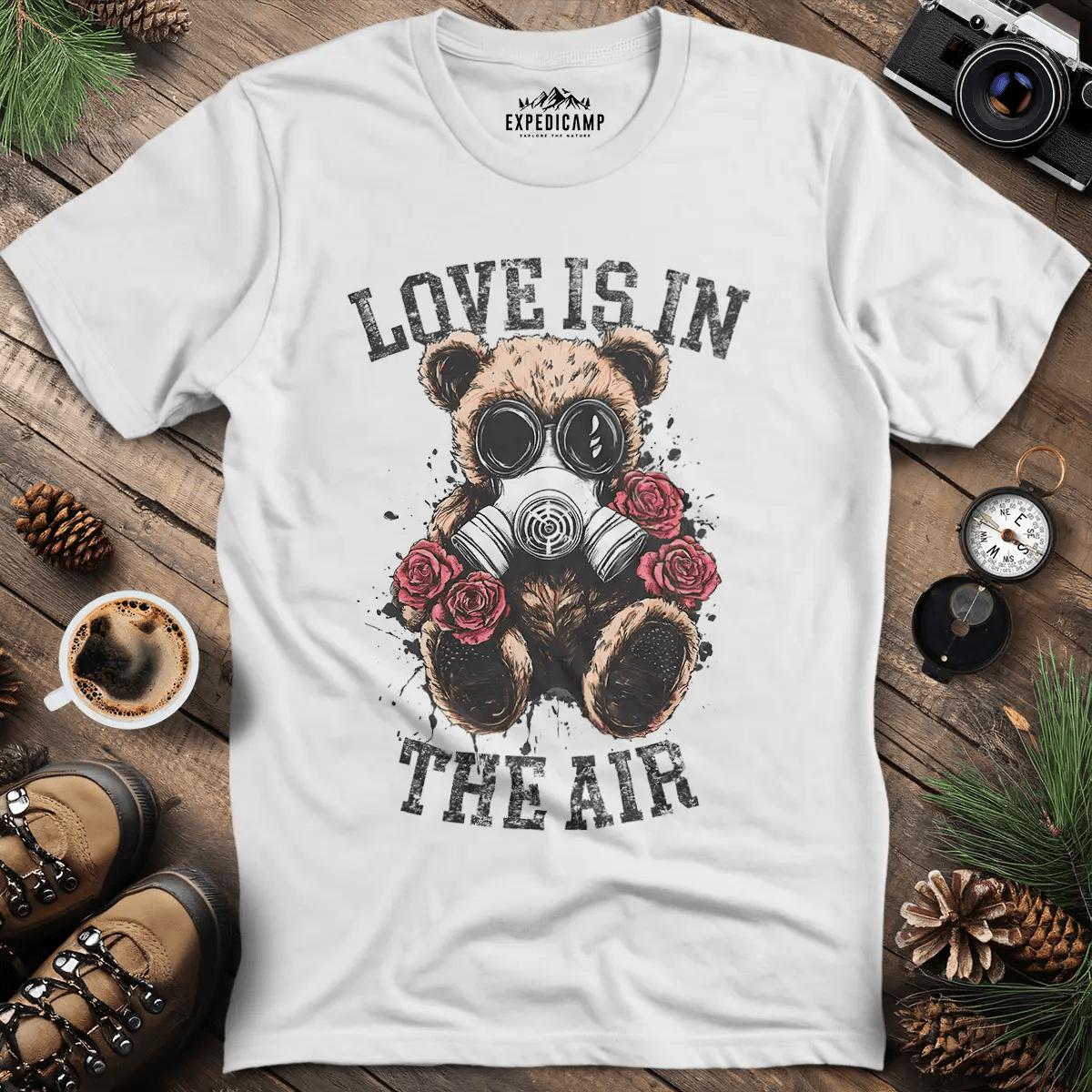Love Is in the Air Bear Gas Mask T-Shirt – White – Outdoor apparel for travel, hiking, camping, and nature lovers – ExpediCamp