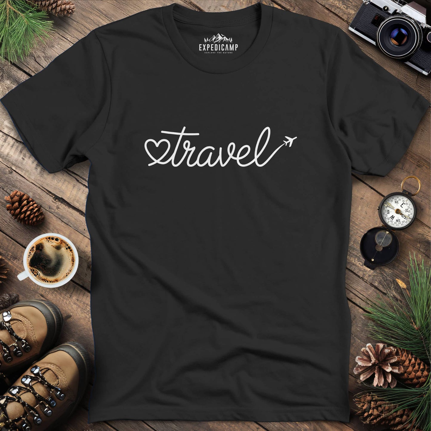 Love to Travel T-Shirt – Black – Outdoor apparel for travel, hiking, camping, and nature lovers – ExpediCamp