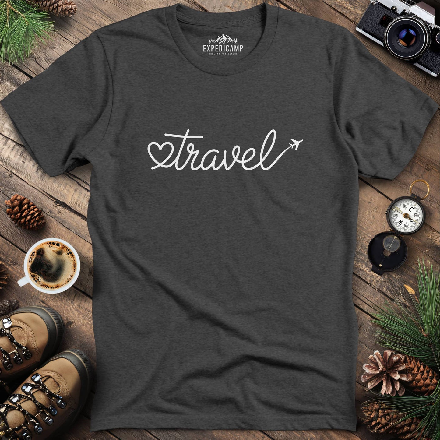 Love to Travel T-Shirt – Dark Heather – Outdoor apparel for travel, hiking, camping, and nature lovers – ExpediCamp