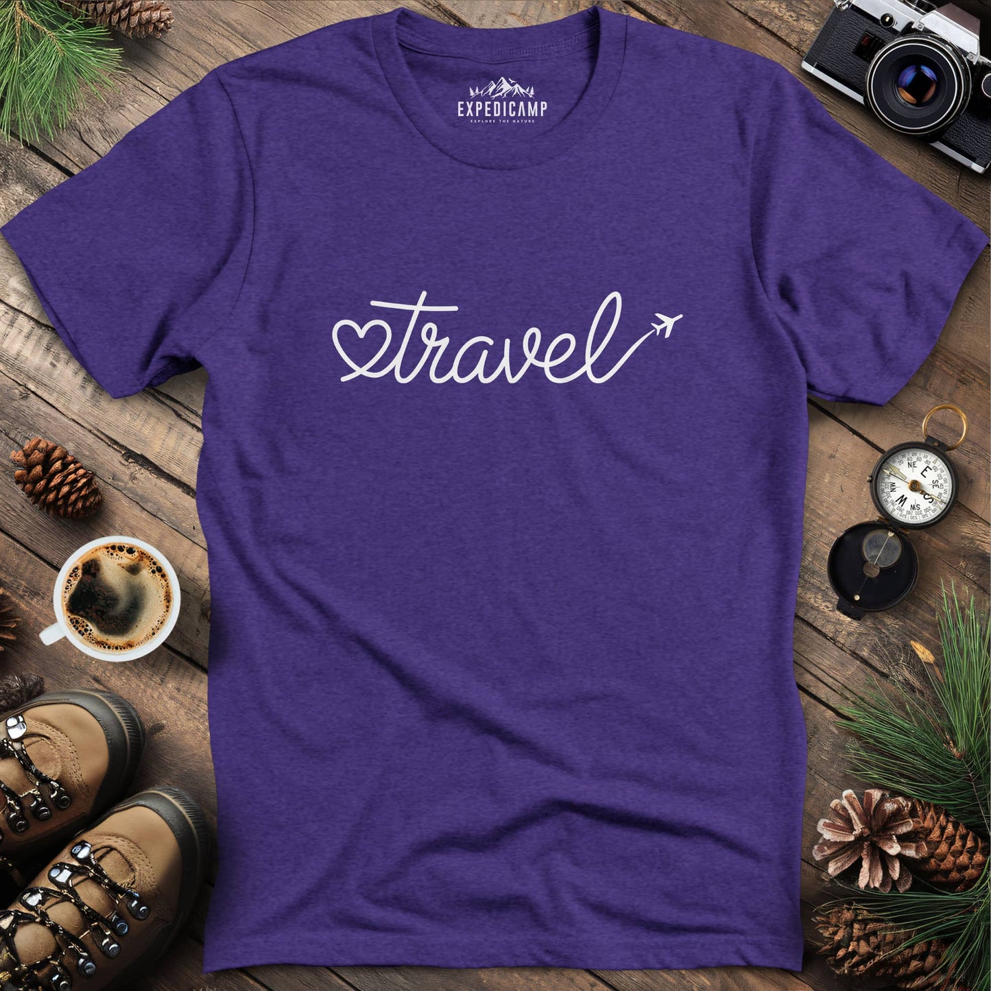 Love to Travel T-Shirt – Heather Purple – Outdoor apparel for travel, hiking, camping, and nature lovers – ExpediCamp