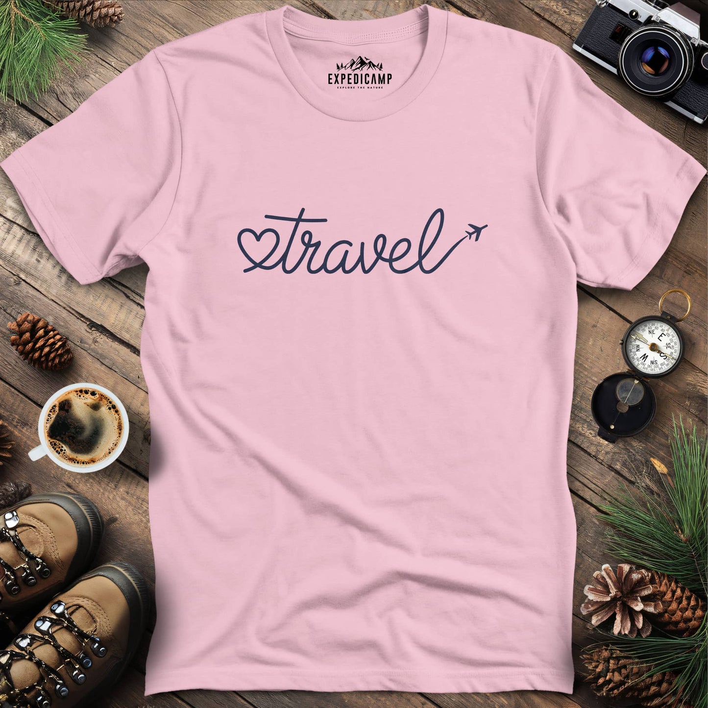 Love to Travel T-Shirt – Light Pink – Outdoor apparel for travel, hiking, camping, and nature lovers – ExpediCamp