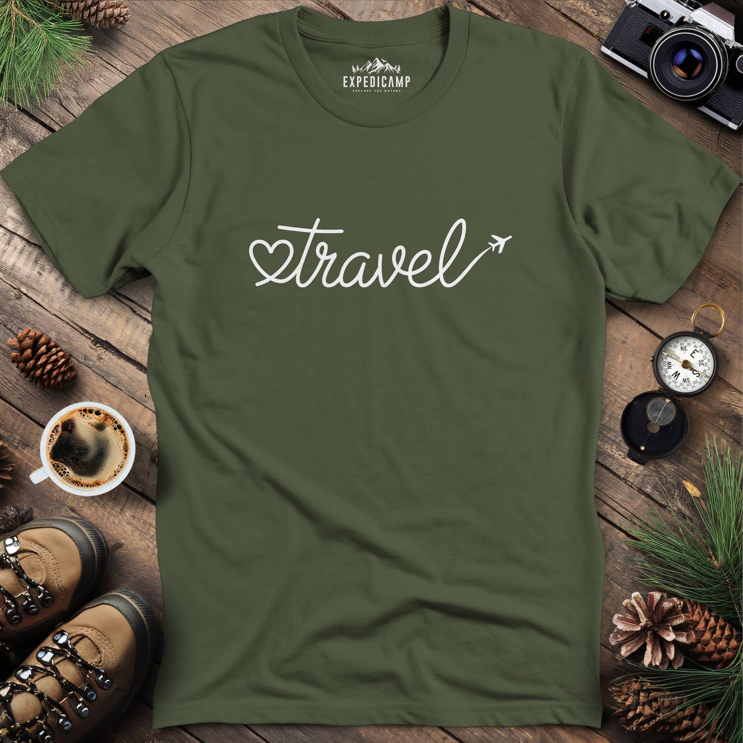 Love to Travel T-Shirt – Military Green – Outdoor apparel for travel, hiking, camping, and nature lovers – ExpediCamp
