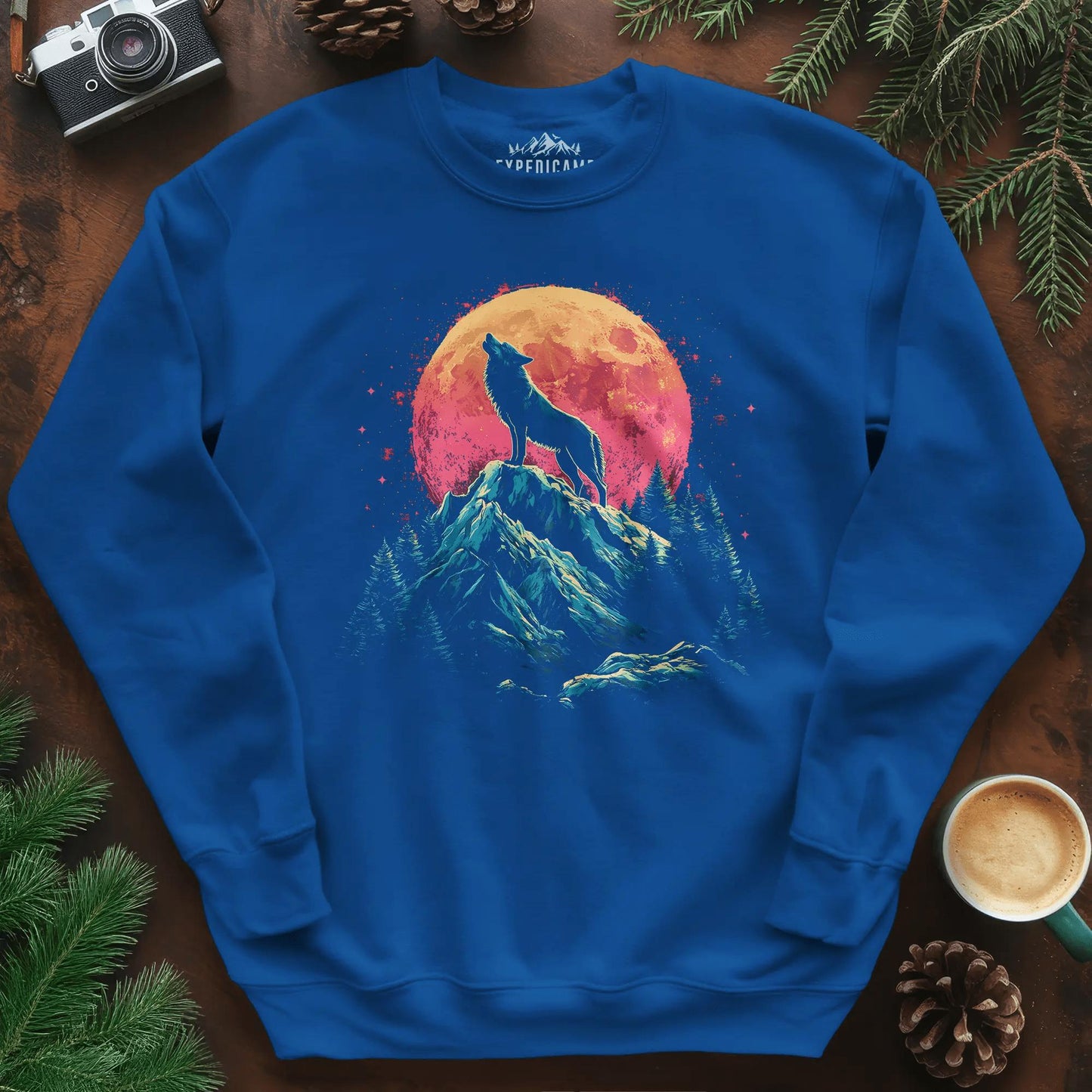 Lunar Howl Wolf Sweatshirt – Royal – Outdoor apparel for travel, hiking, camping, and nature lovers – ExpediCamp