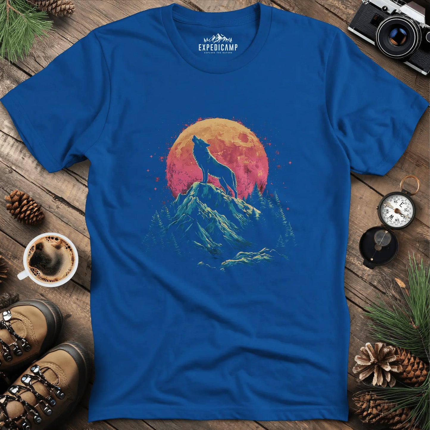 Lunar Howl Wolf T-Shirt – Royal – Outdoor apparel for travel, hiking, camping, and nature lovers – ExpediCamp