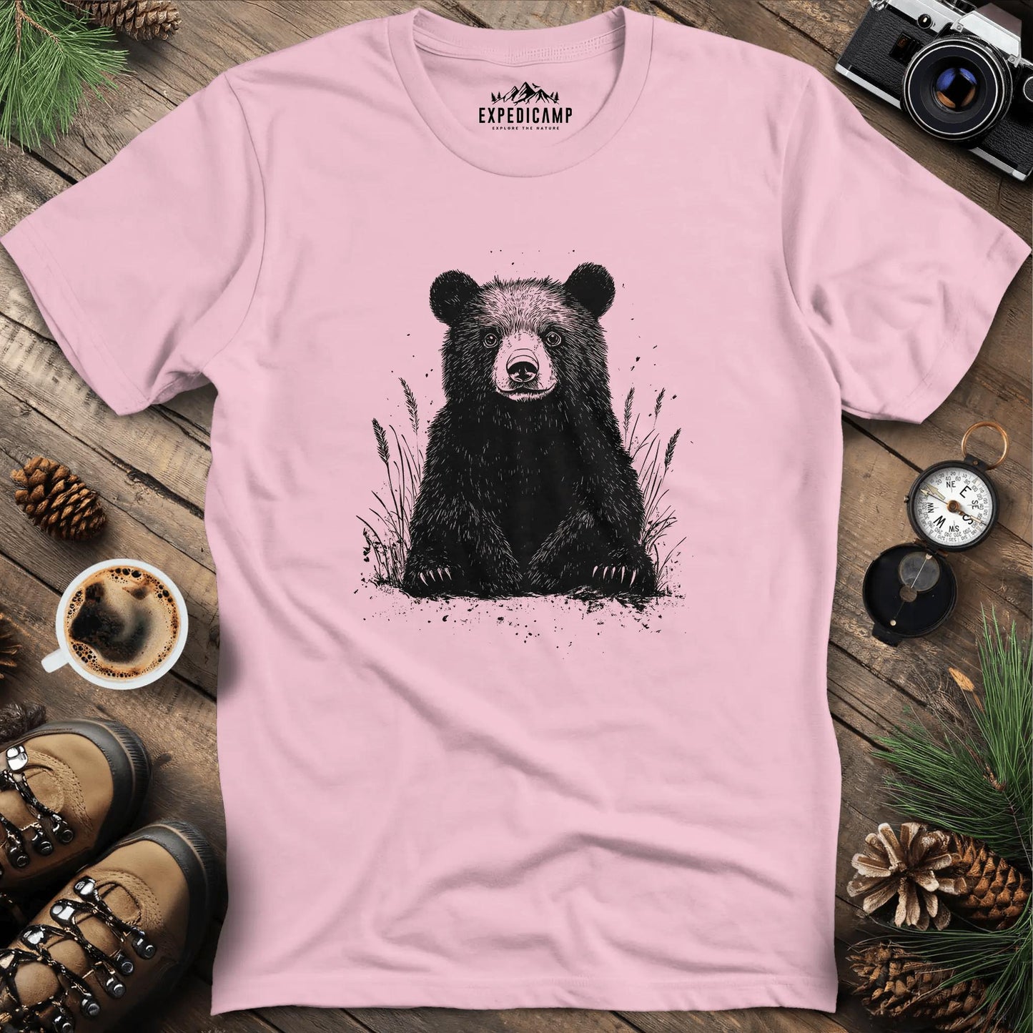 Majestic Bear in Nature T-Shirt – Light Pink – Outdoor apparel for travel, hiking, camping, and nature lovers – ExpediCamp