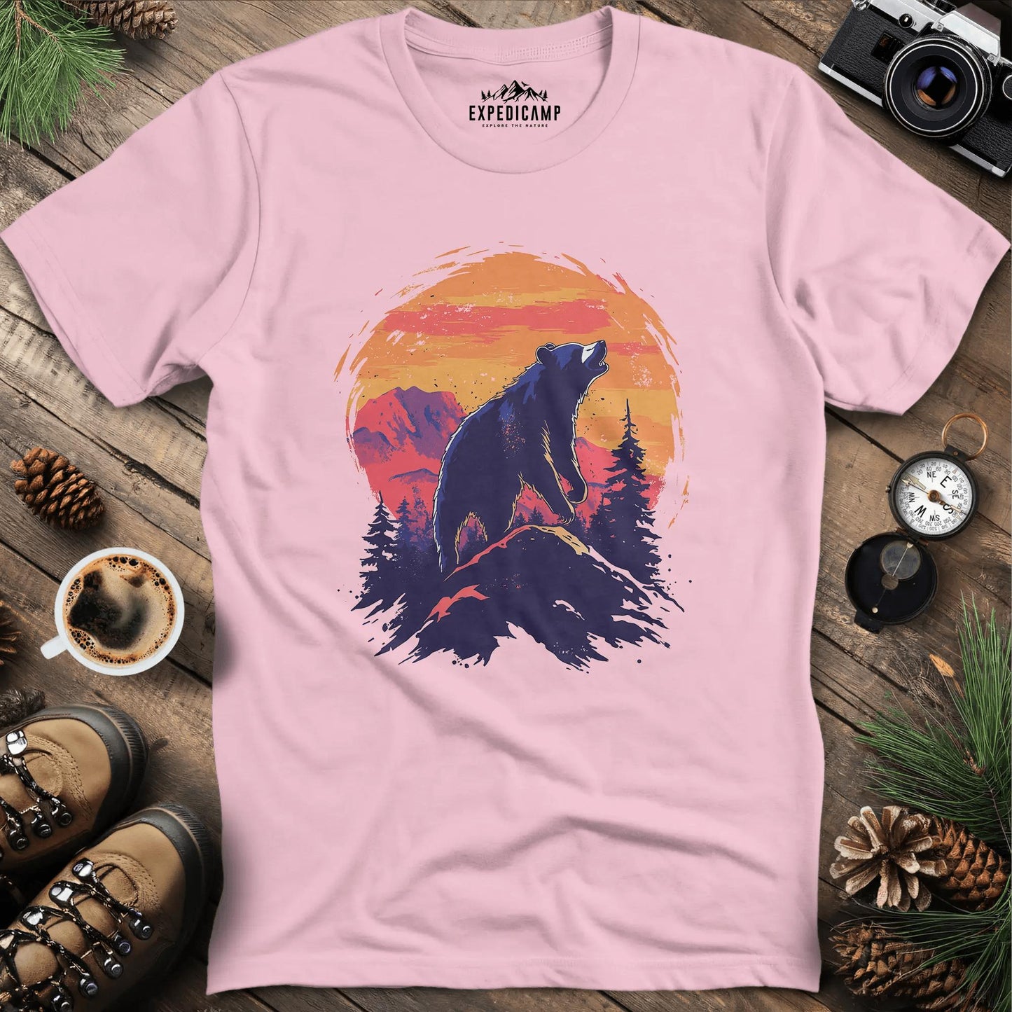 Majestic Bear Sunset T-Shirt – Light Pink – Outdoor apparel for travel, hiking, camping, and nature lovers – ExpediCamp