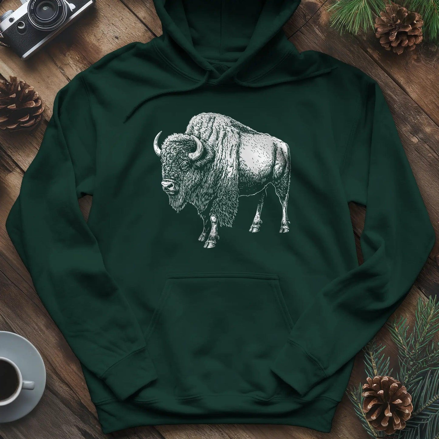 Majestic Bison Hoodie – Forest Green – Outdoor apparel for travel, hiking, camping, and nature lovers – ExpediCamp