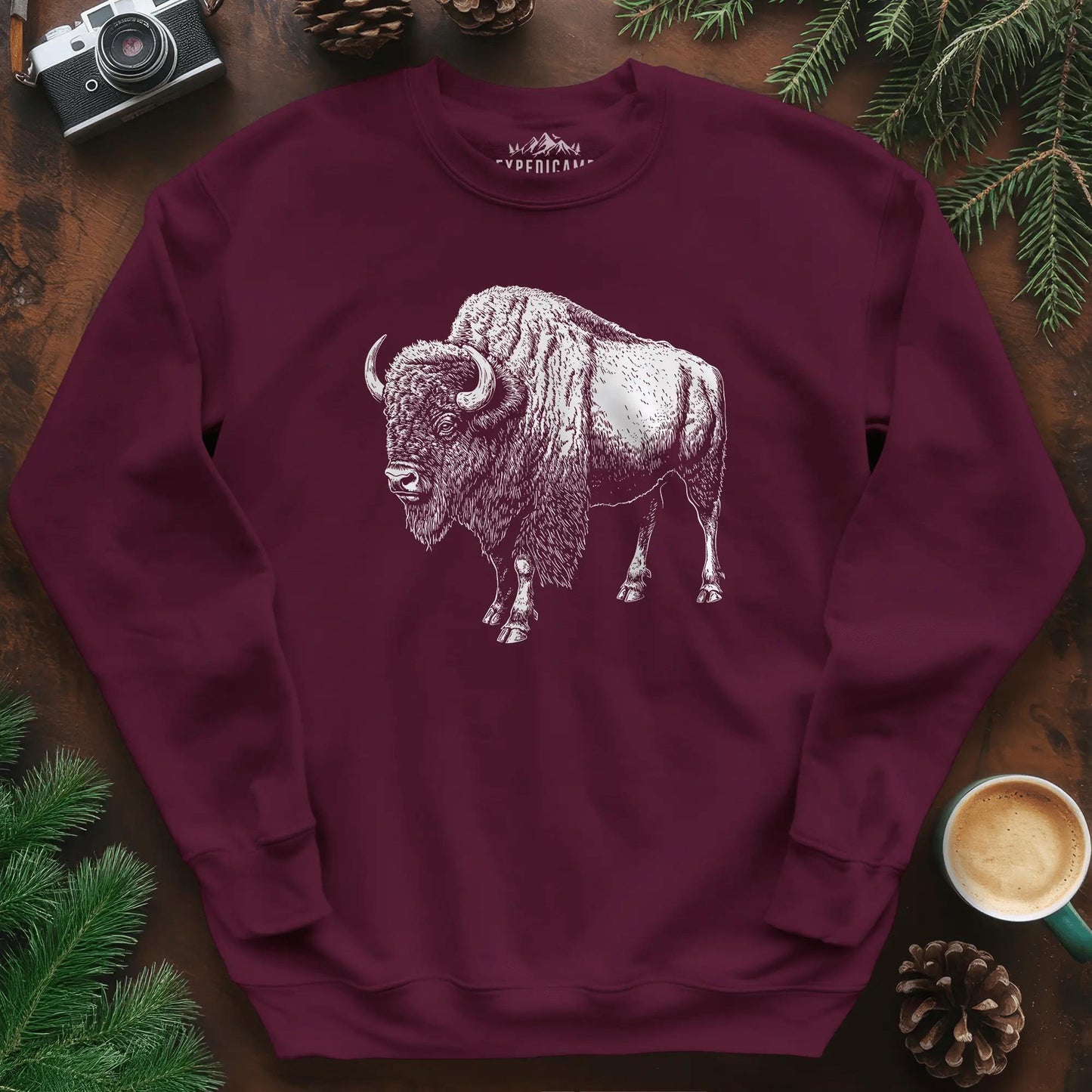 Majestic Bison Sweatshirt – Maroon – Outdoor apparel for travel, hiking, camping, and nature lovers – ExpediCamp