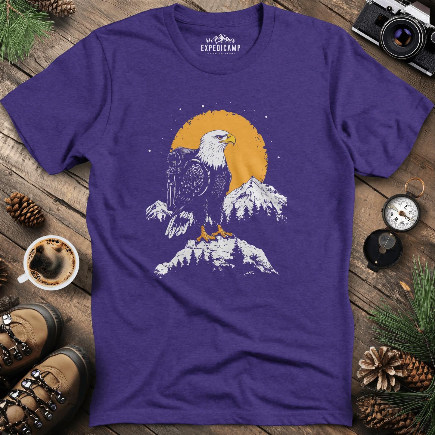 Majestic Eagle T-Shirt – Fierce Bald Eagle Mountain Explorer Design – Heather Purple – Outdoor apparel for travel, hiking, camping, and nature lovers – ExpediCamp