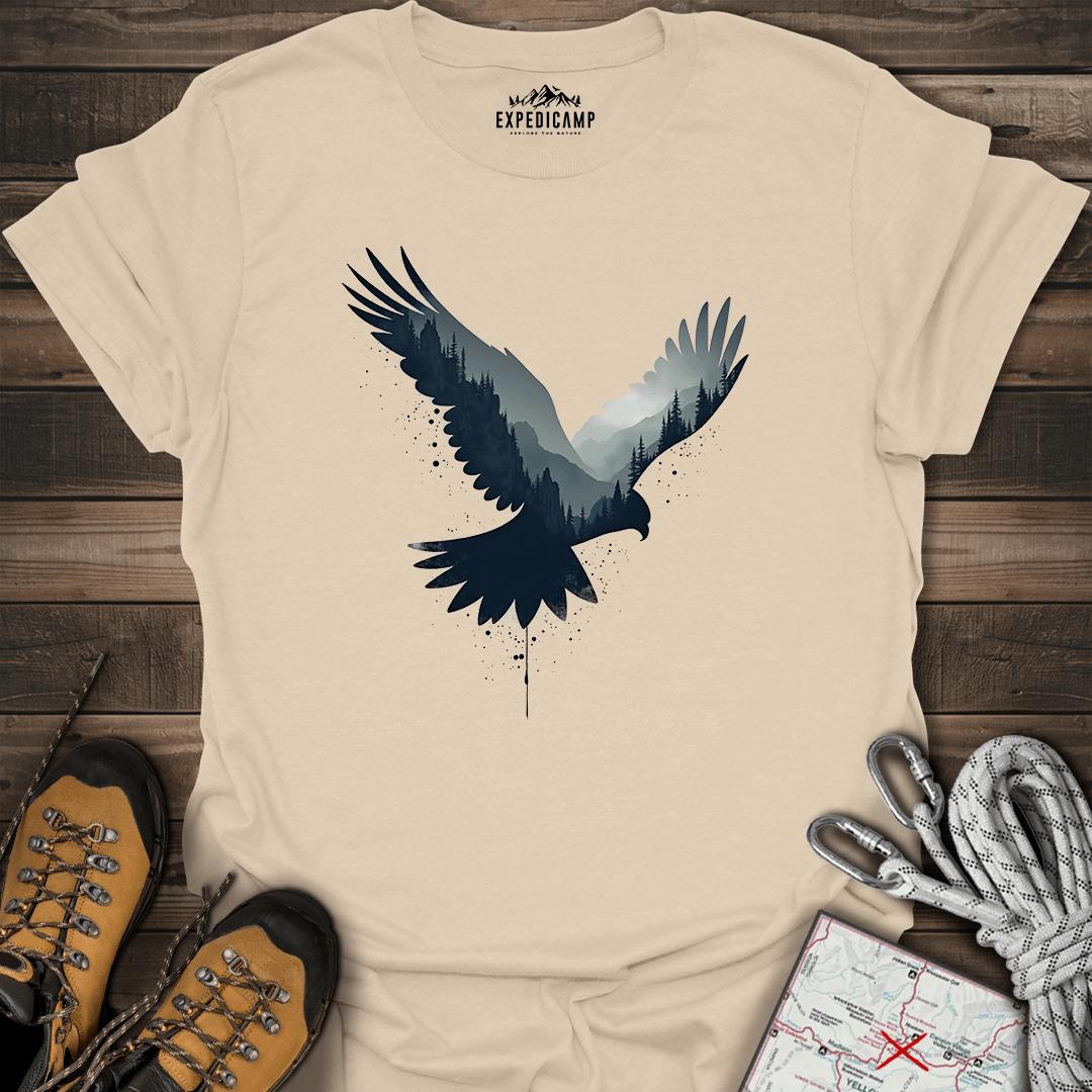 Majestic Falcon Forest Silhouette T-Shirt – Sand – Outdoor apparel for travel, hiking, camping, and nature lovers – ExpediCamp